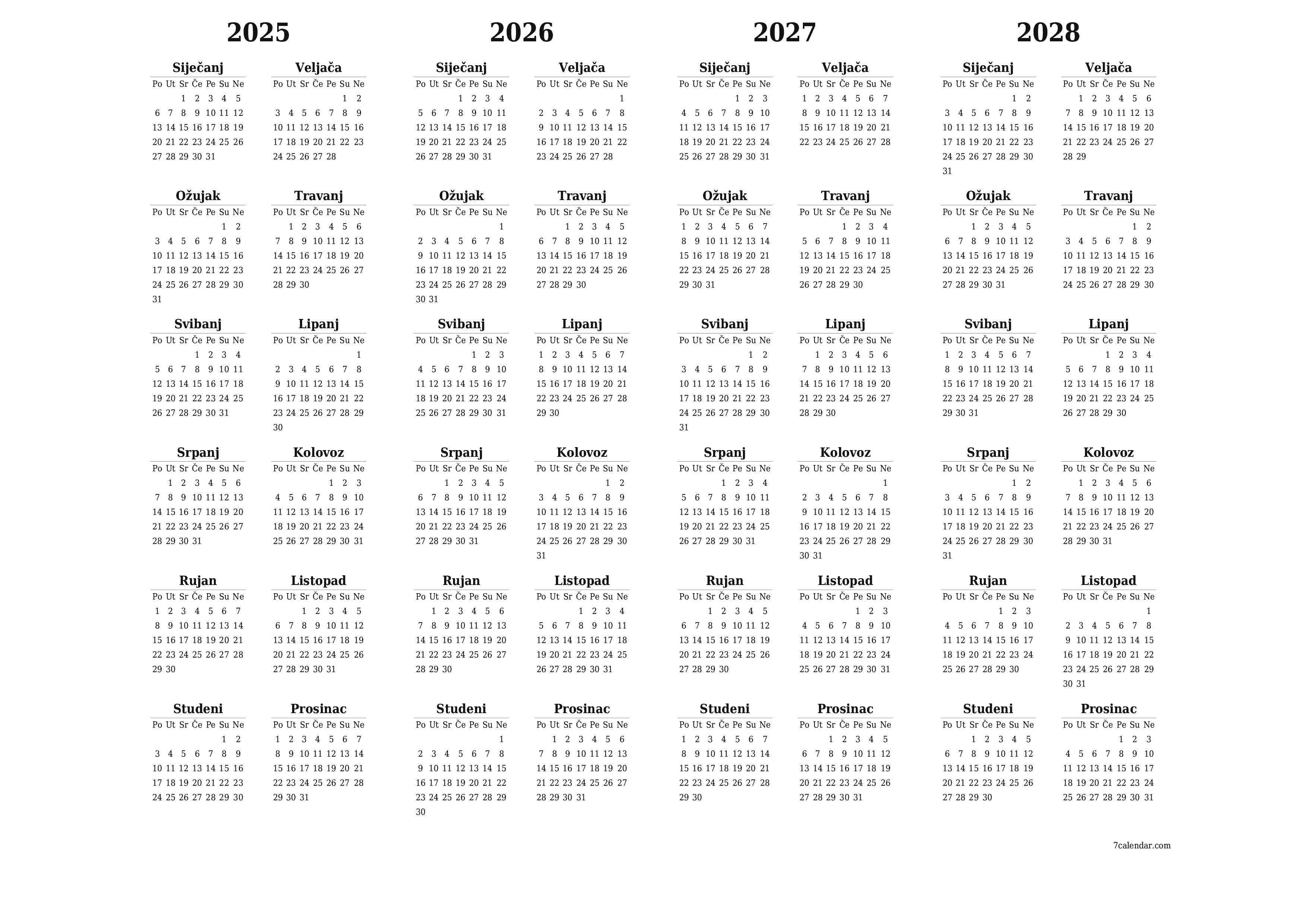 Ispraznite godišnji kalendar planera za godinu 2025, 2026, 2027, 2028 s bilješkama, spremite i ispišite u PDF PNG Croatian