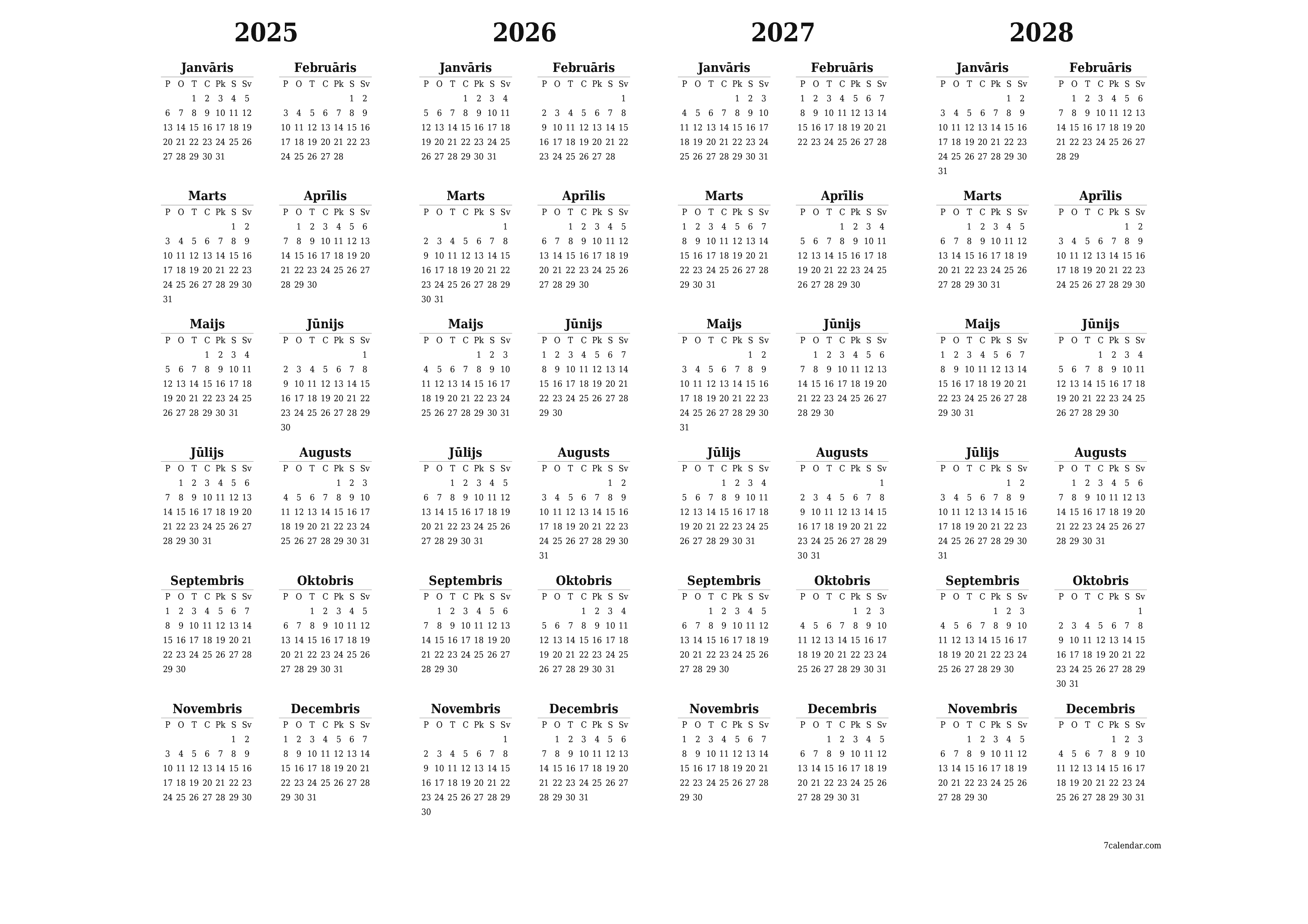 Tukšs gada plānotāja kalendārs gadam 2025, 2026, 2027, 2028 ar piezīmēm, saglabāšana un izdrukāšana PDF formātā PNG Latvian