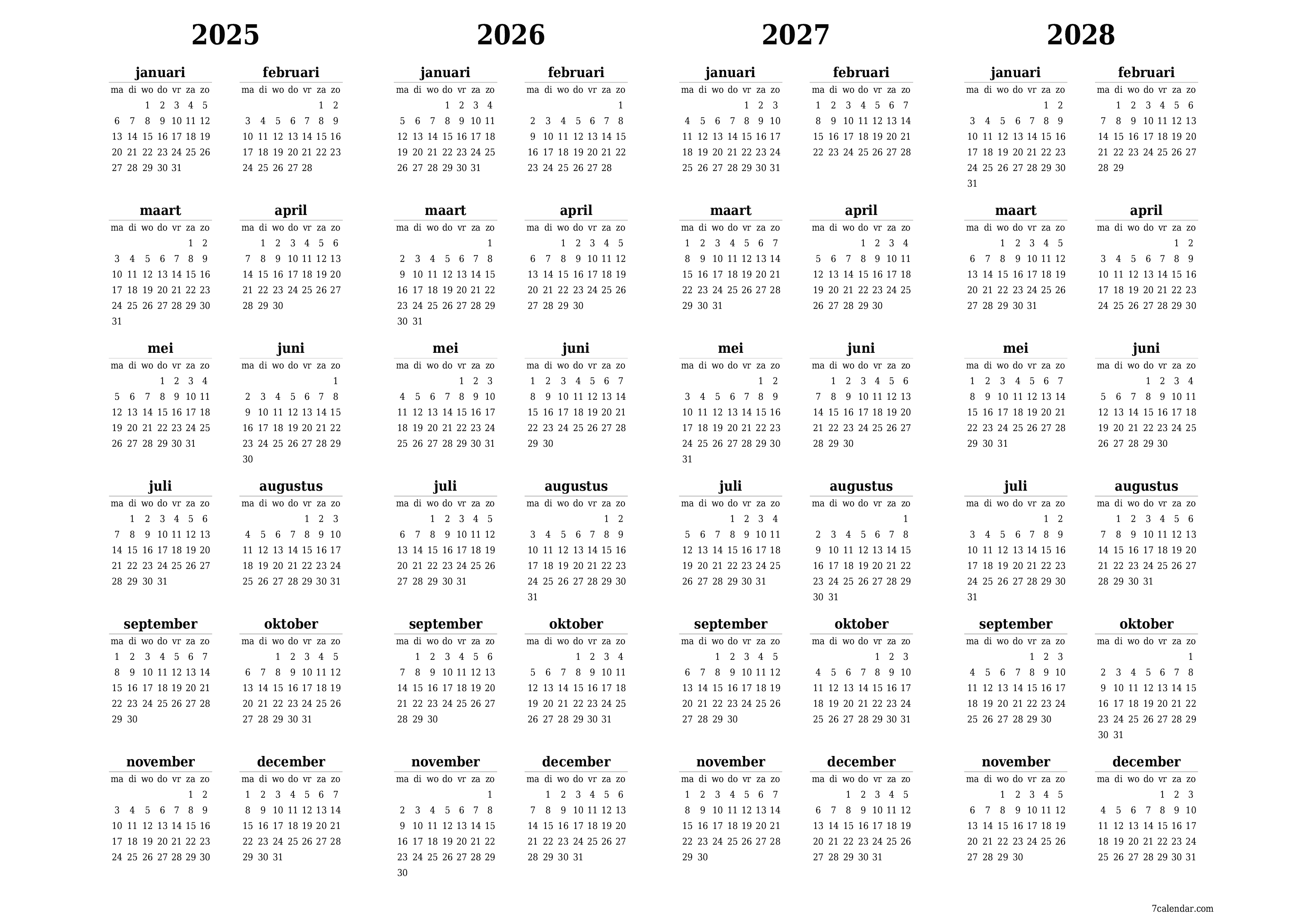 Lege jaarplanningskalender voor het jaar 2025, 2026, 2027, 2028 met notities, opslaan en afdrukken naar pdf PNG Dutch
