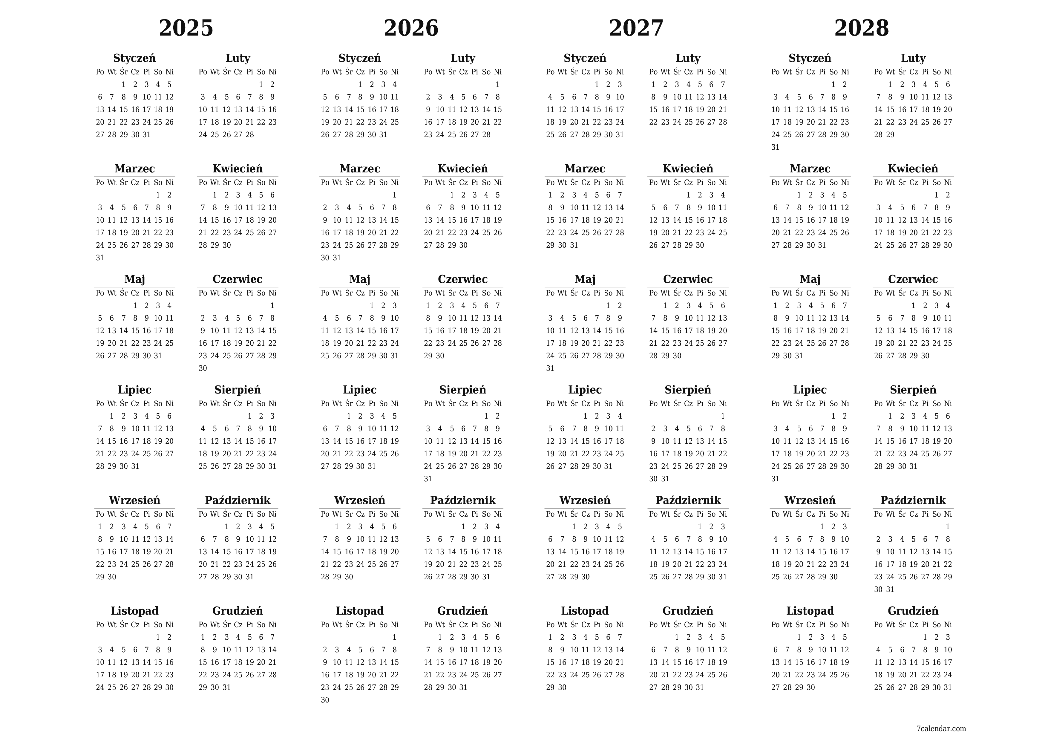  do druku ścienny szablon a darmowy poziomy Roczny kalendarz Czerwiec (Cze) 2025