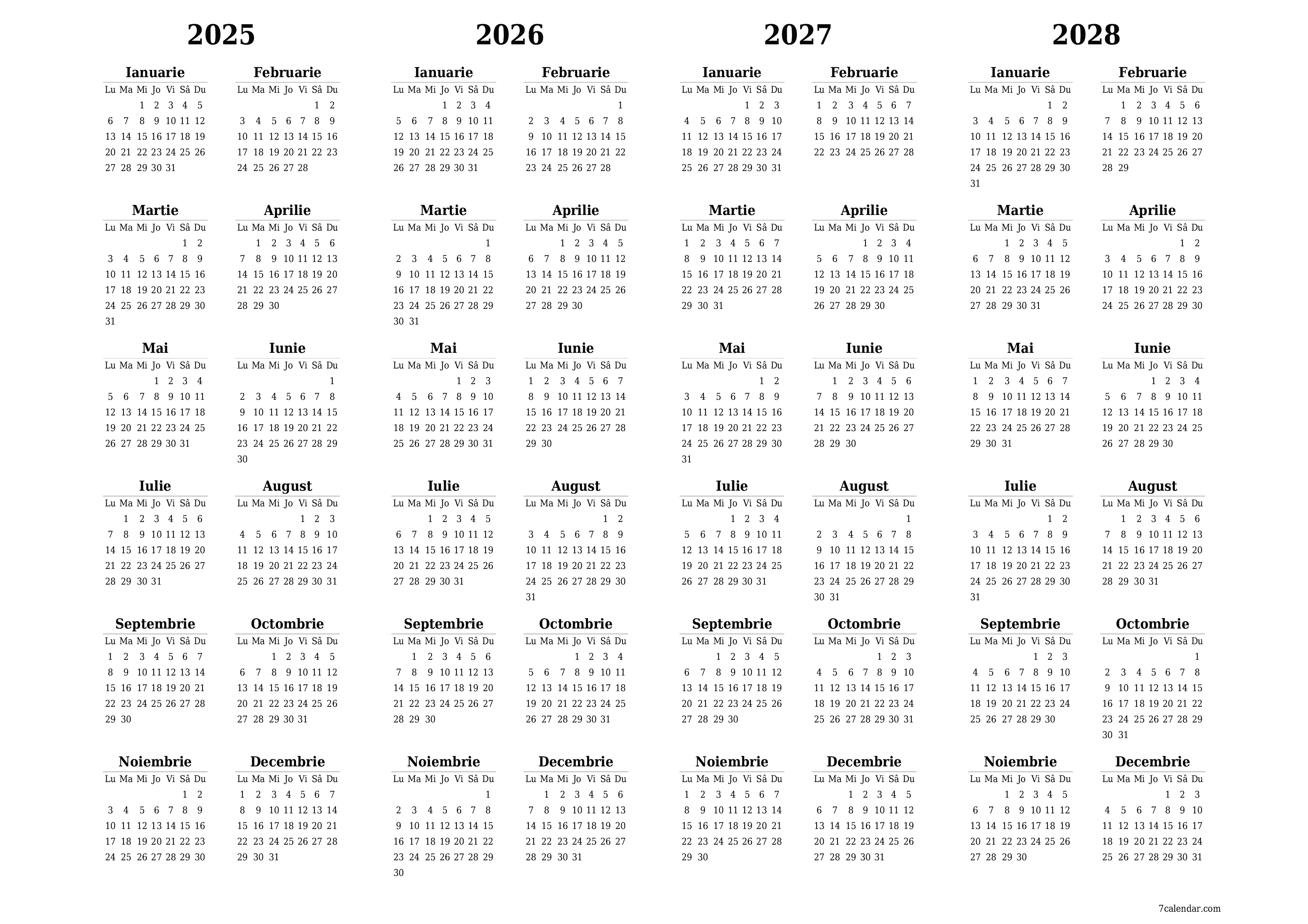 Goliți calendarul anual al planificatorului pentru anul 2025, 2026, 2027, 2028 cu note, salvați și tipăriți în PDF PNG Romanian