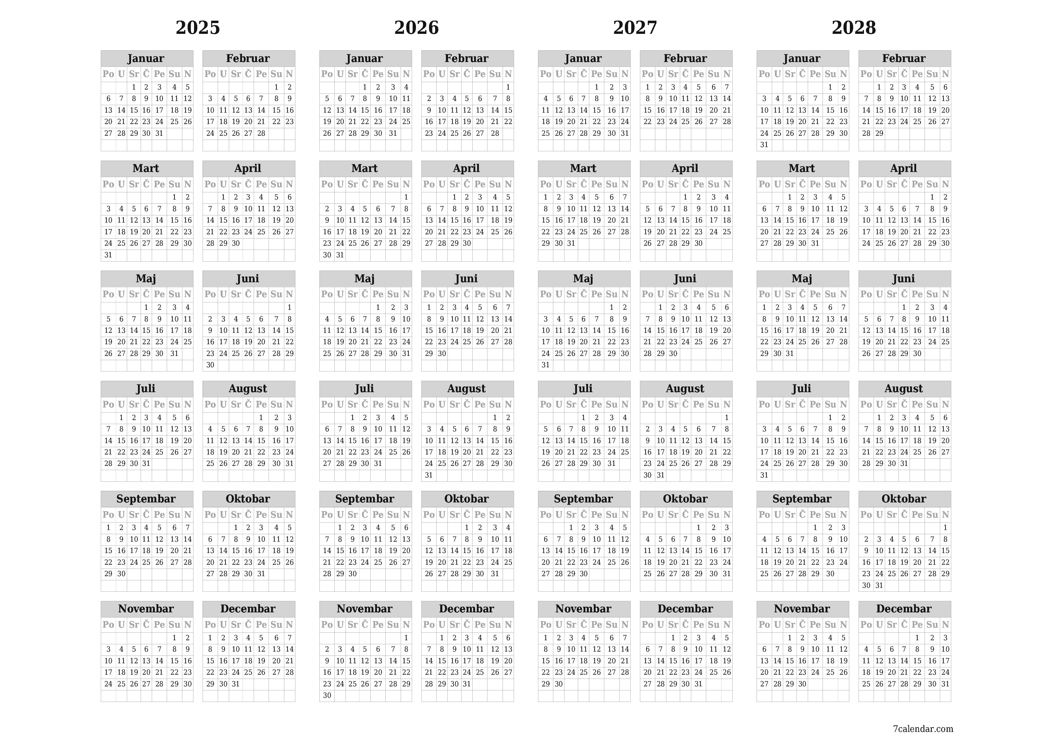 Ispraznite godišnji kalendar planera za godinu 2025, 2026, 2027, 2028 s bilješkama, spremite i ispišite u PDF PNG Bosnian