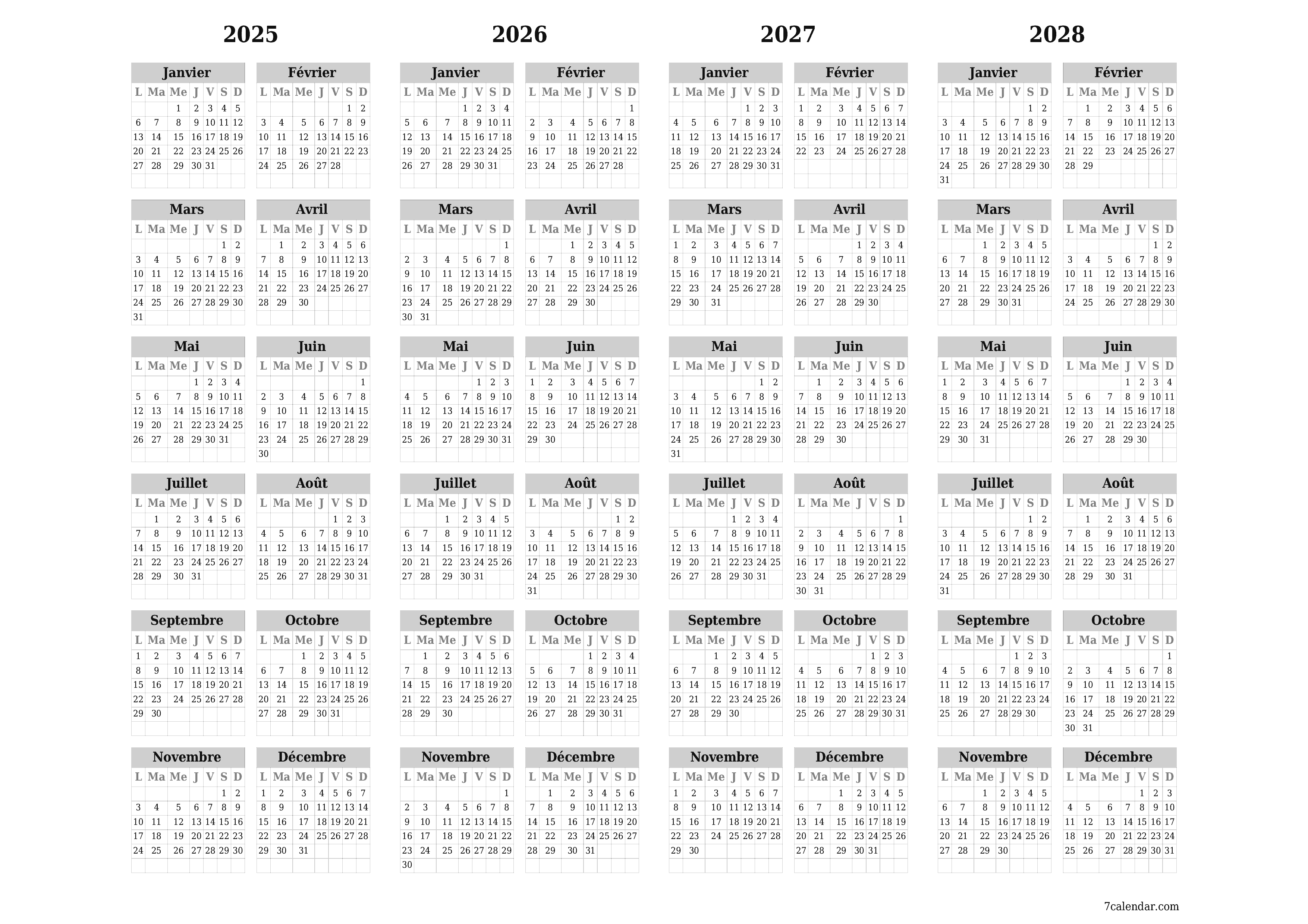 Calendrier annuel vide pour l'année 2025, 2026, 2027, 2028 avec notes, enregistrer et imprimer au format PDF PNG French