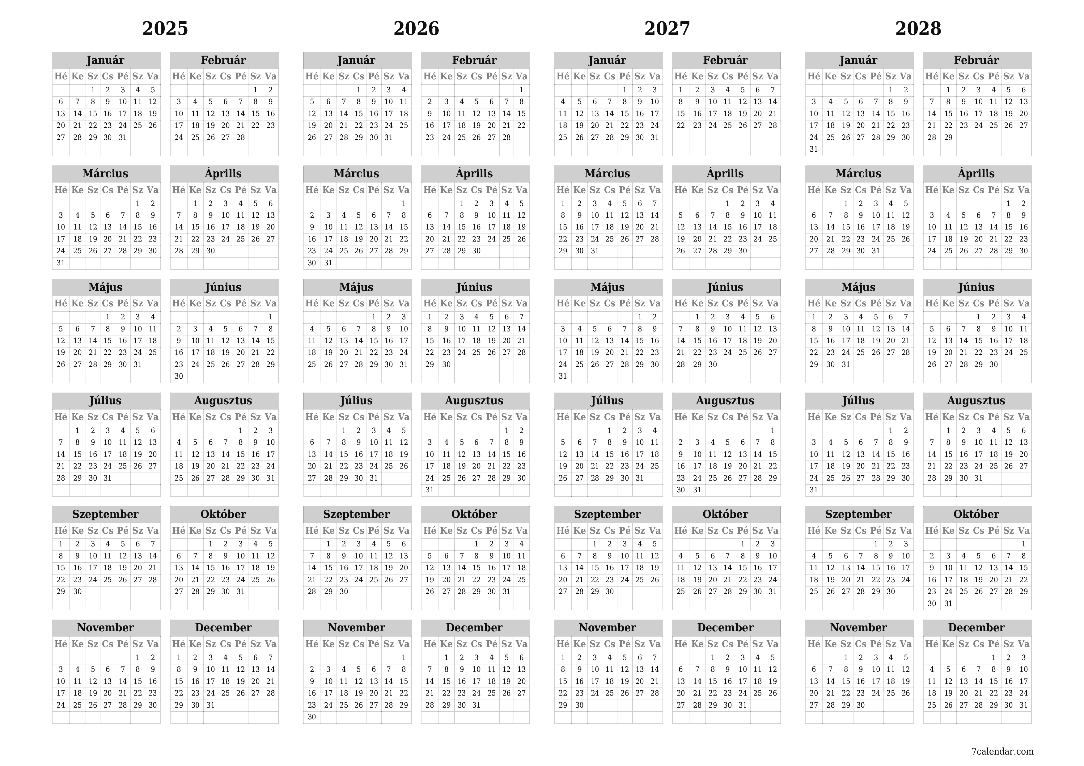 Üres éves tervezői naptár az évre 2025, 2026, 2027, 2028 jegyzetekkel, mentés és nyomtatás PDF-be PNG Hungarian