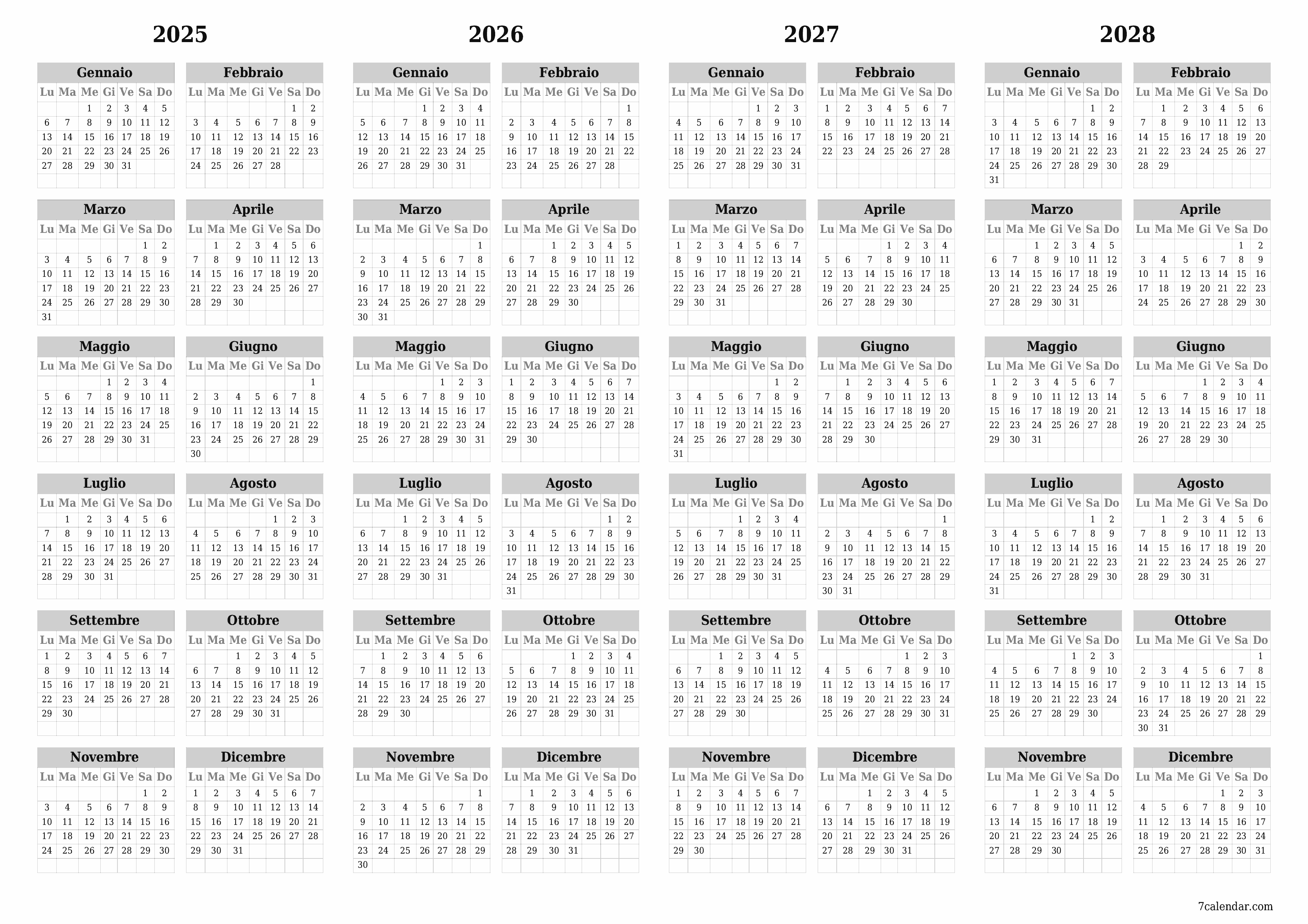 Calendario pianificatore annuale vuoto per l'anno 2025, 2026, 2027, 2028 con note, salva e stampa in PDF PNG Italian