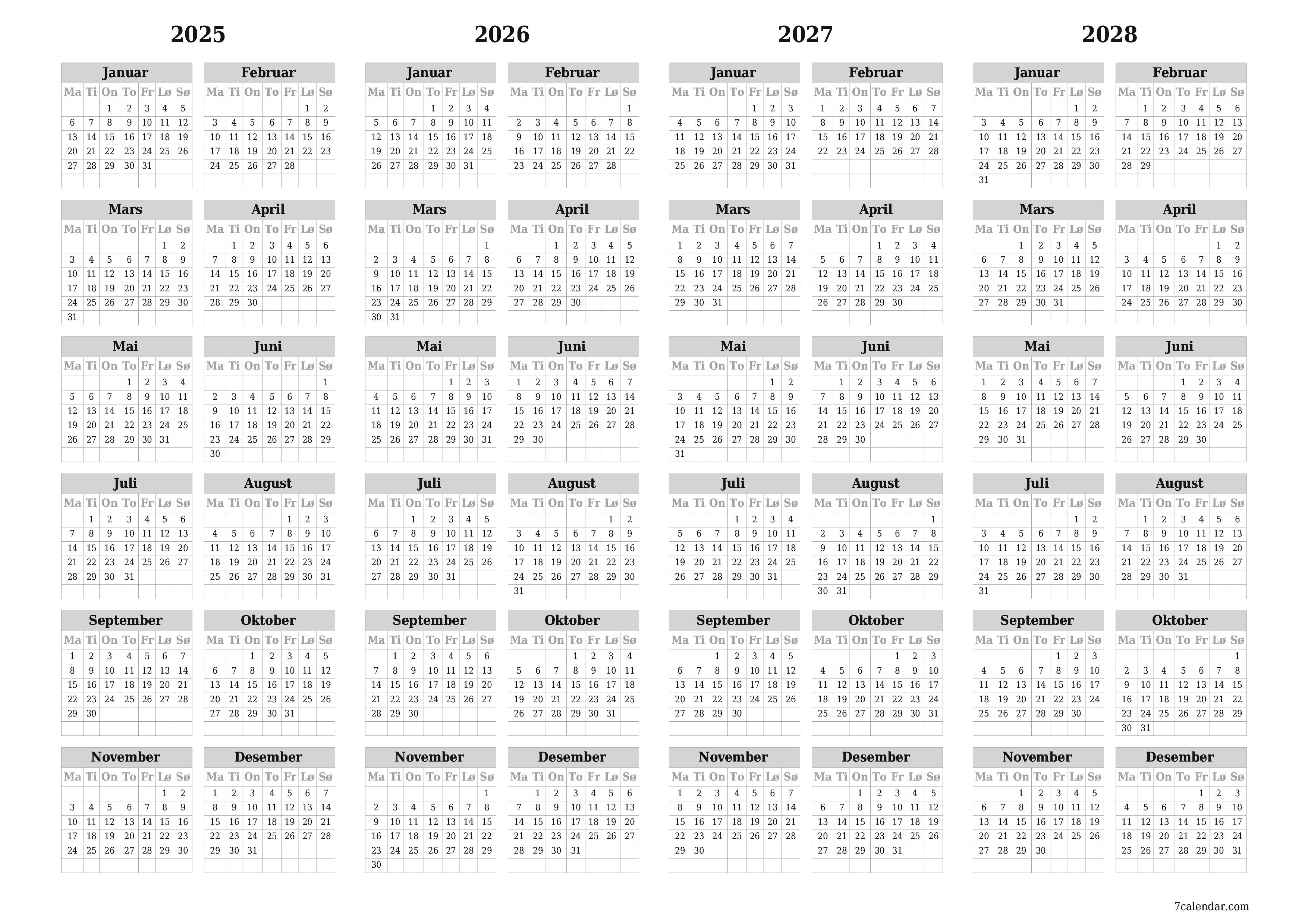 Tom årlig planleggerkalender for året 2025, 2026, 2027, 2028 med notater, lagre og skrive ut i PDF PNG Norwegian