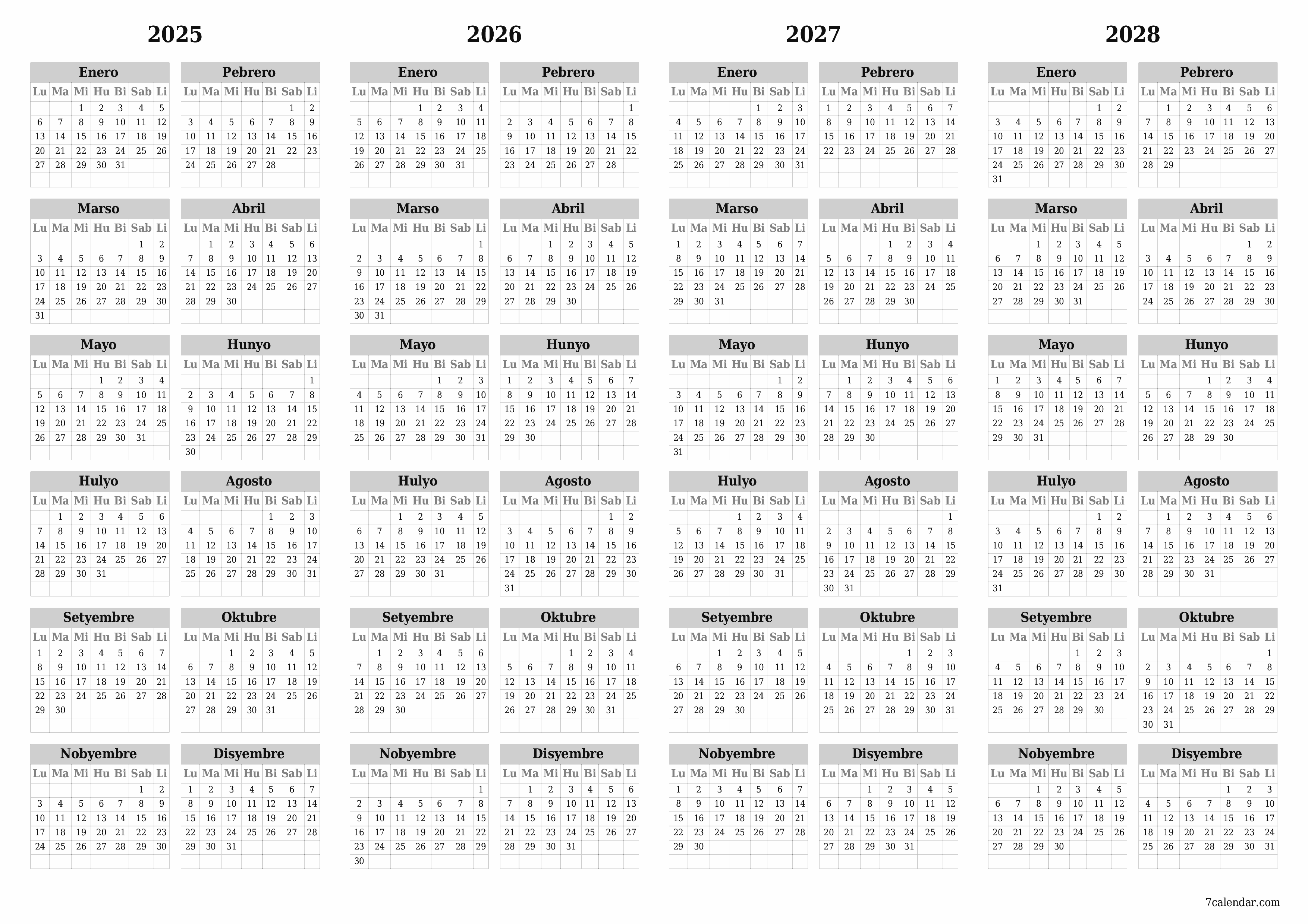 Walang laman ang taunang kalendaryo ng tagaplano para sa taong 2025, 2026, 2027, 2028 na may mga tala, i-save at i-print sa PDF PNG Filipino