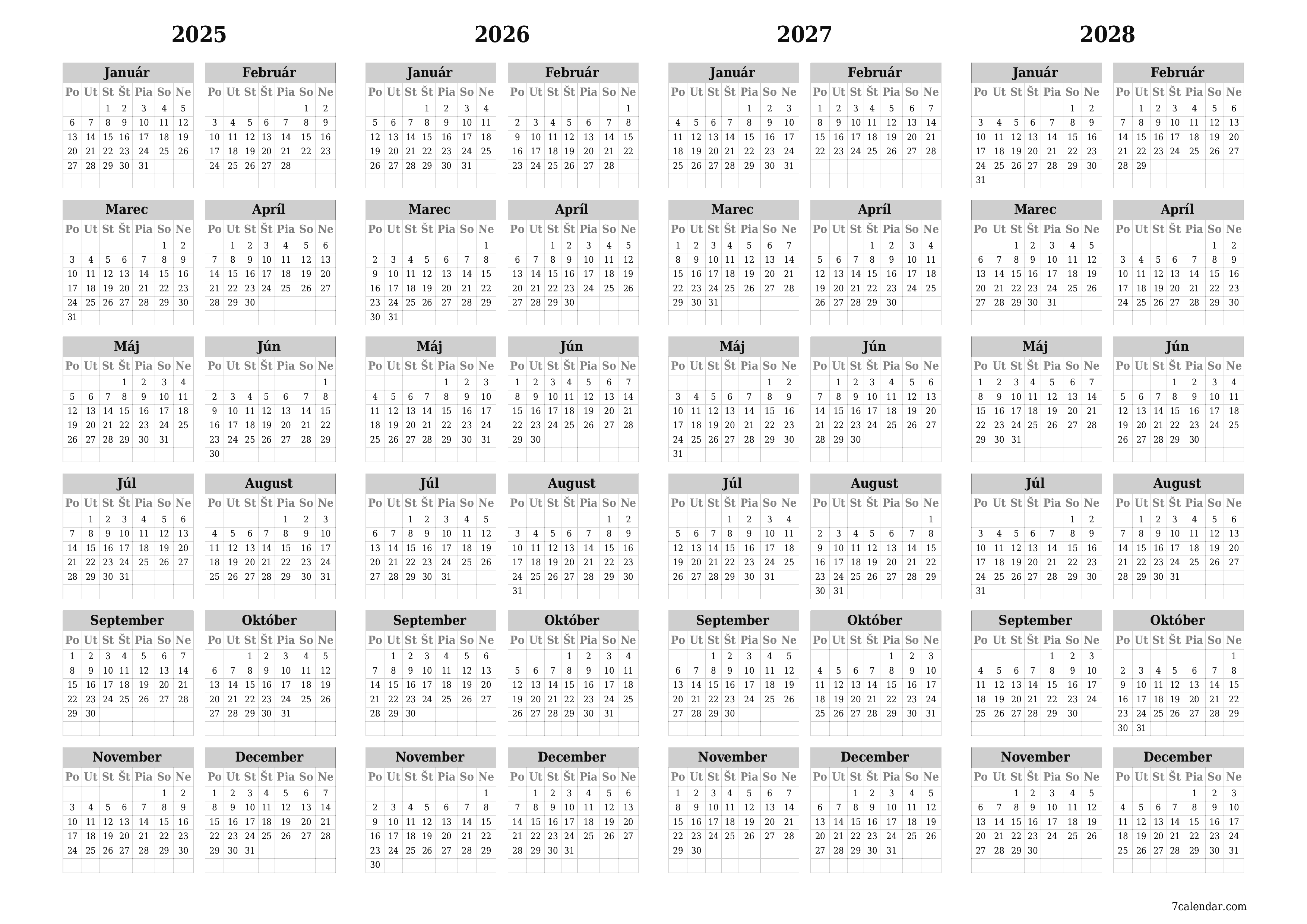 Prázdny ročný kalendár plánovača na rok 2025, 2026, 2027, 2028 s poznámkami, uložením a tlačou do formátu PDF PNG Slovak