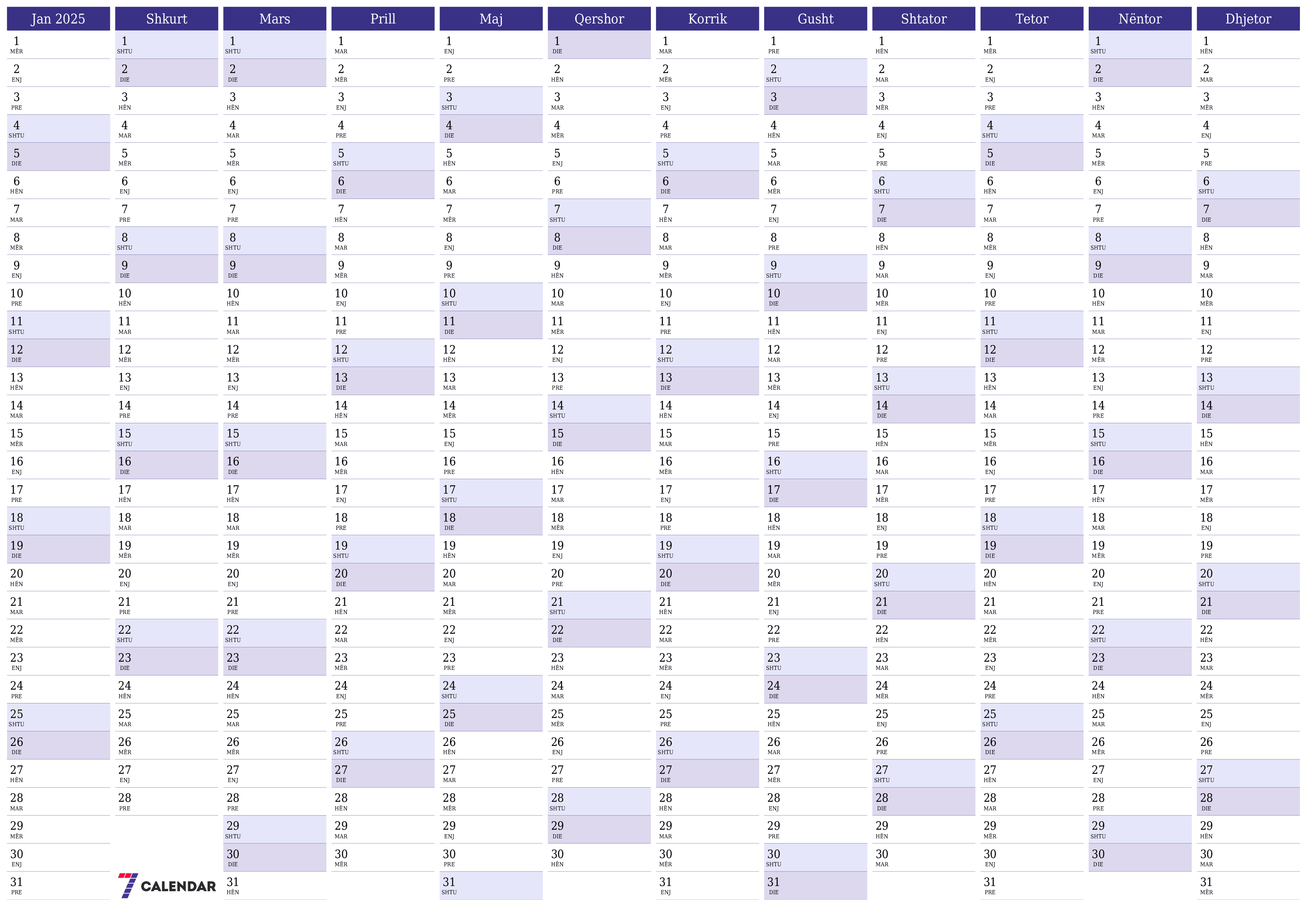 Planifikuesi bosh i kalendarit vjetor për vitin 2025 me shënime, ruani dhe printoni në PDF PNG Albanian