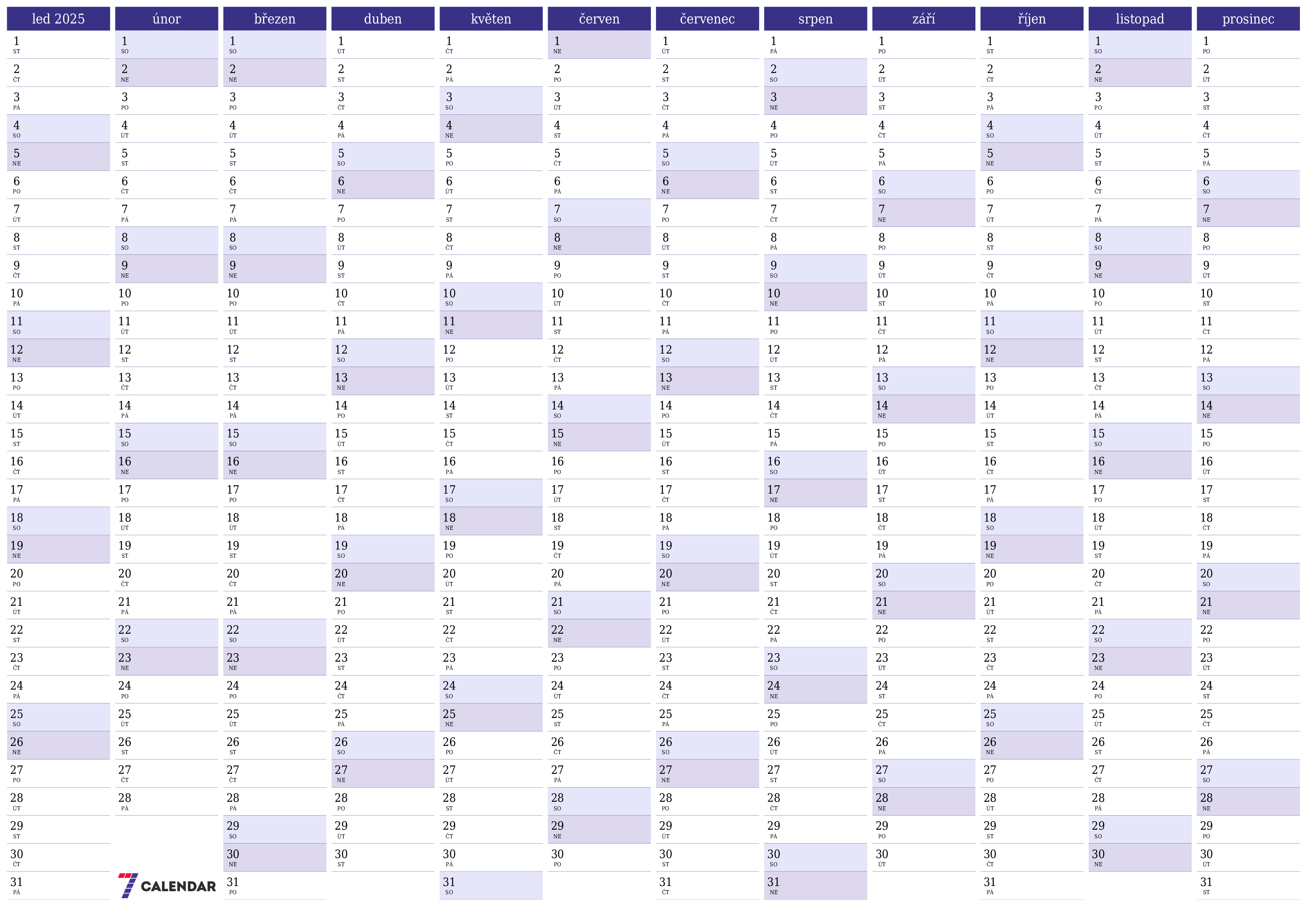 Prázdný roční kalendář plánovače pro rok 2025 s poznámkami, uložením a tiskem do PDF PNG Czech