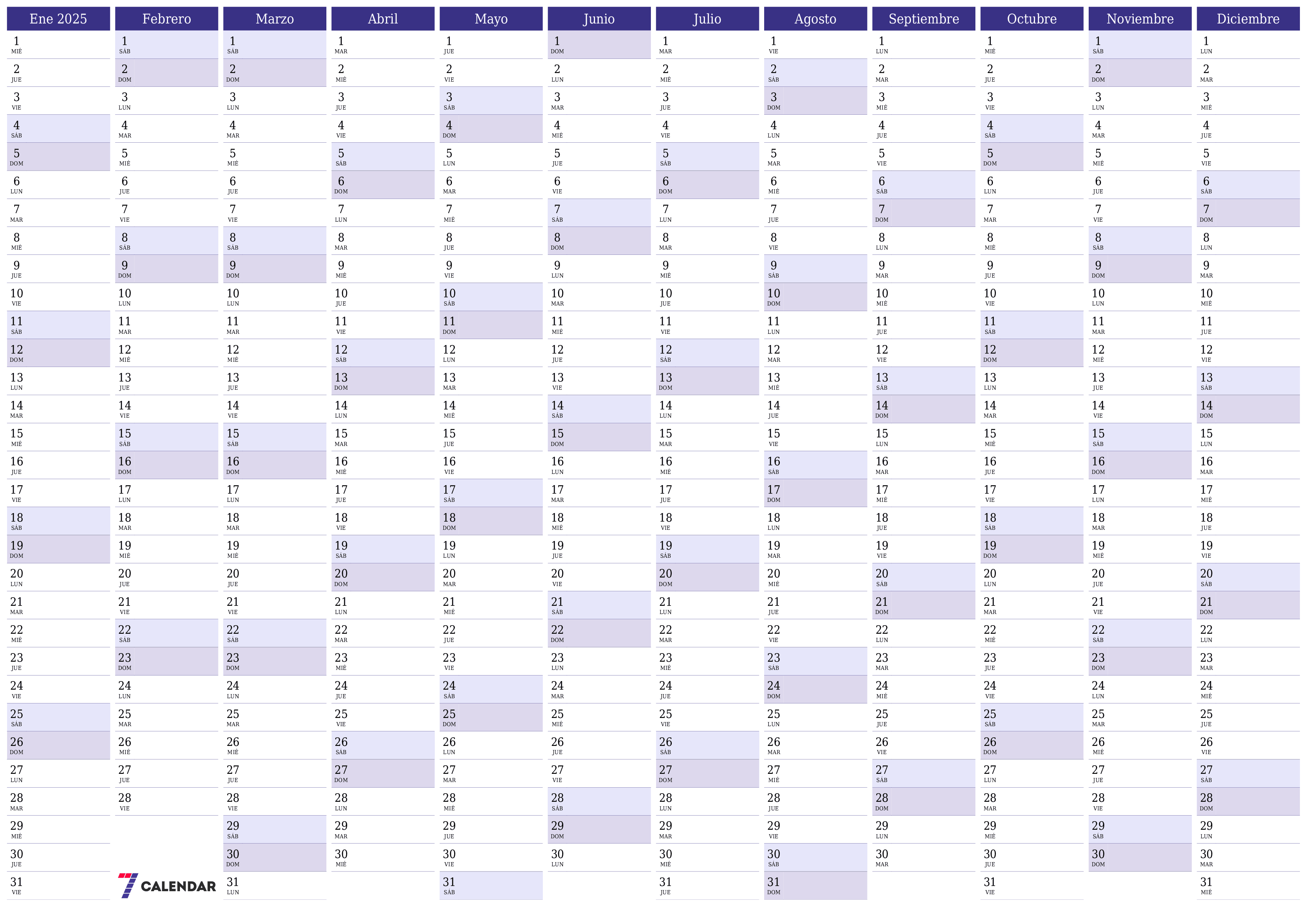 Calendario planificador anual vacío para el año 2025 con notas, guardar e imprimir en PDF PNG Spanish