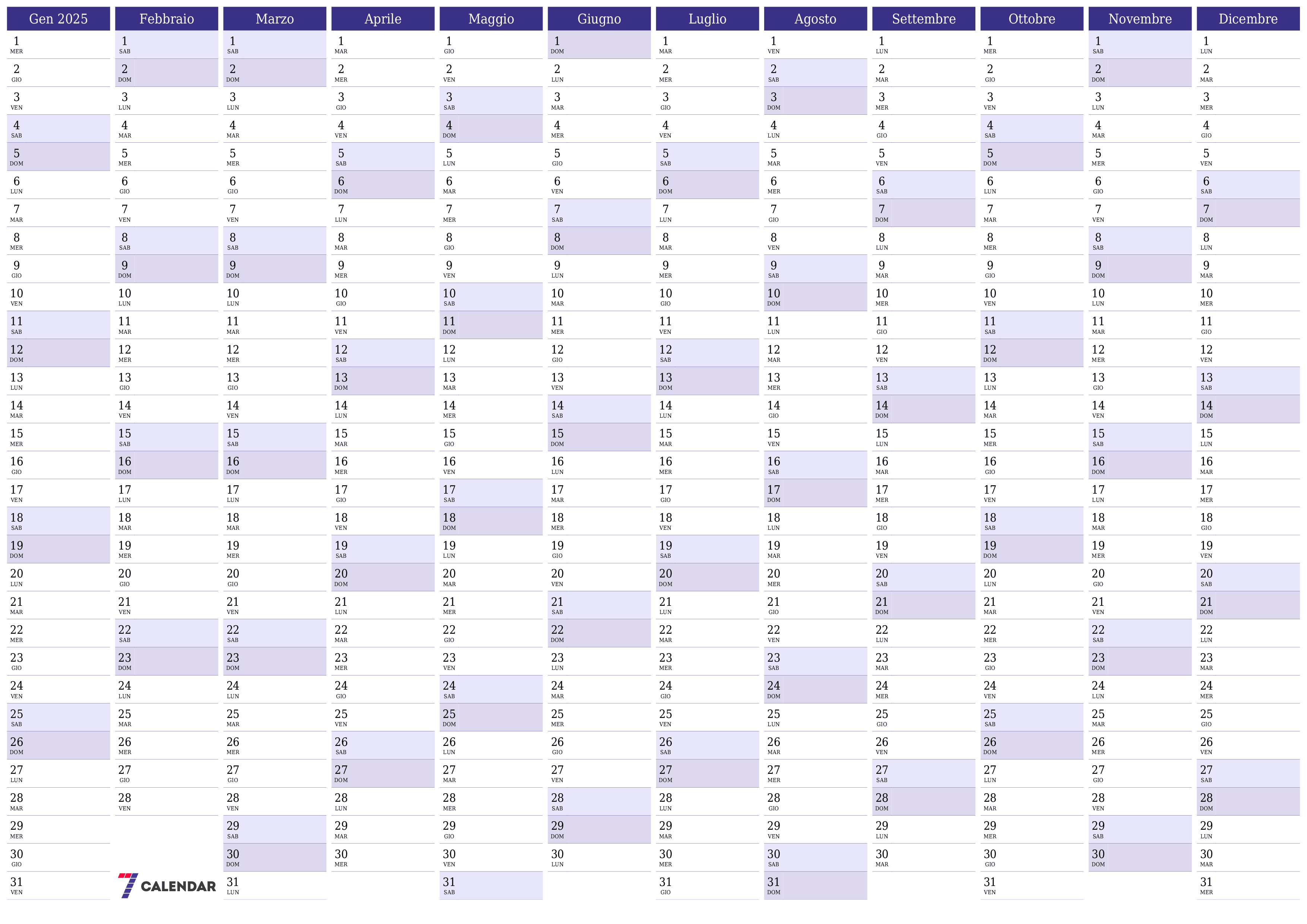Calendario pianificatore annuale vuoto per l'anno 2025 con note, salva e stampa in PDF PNG Italian