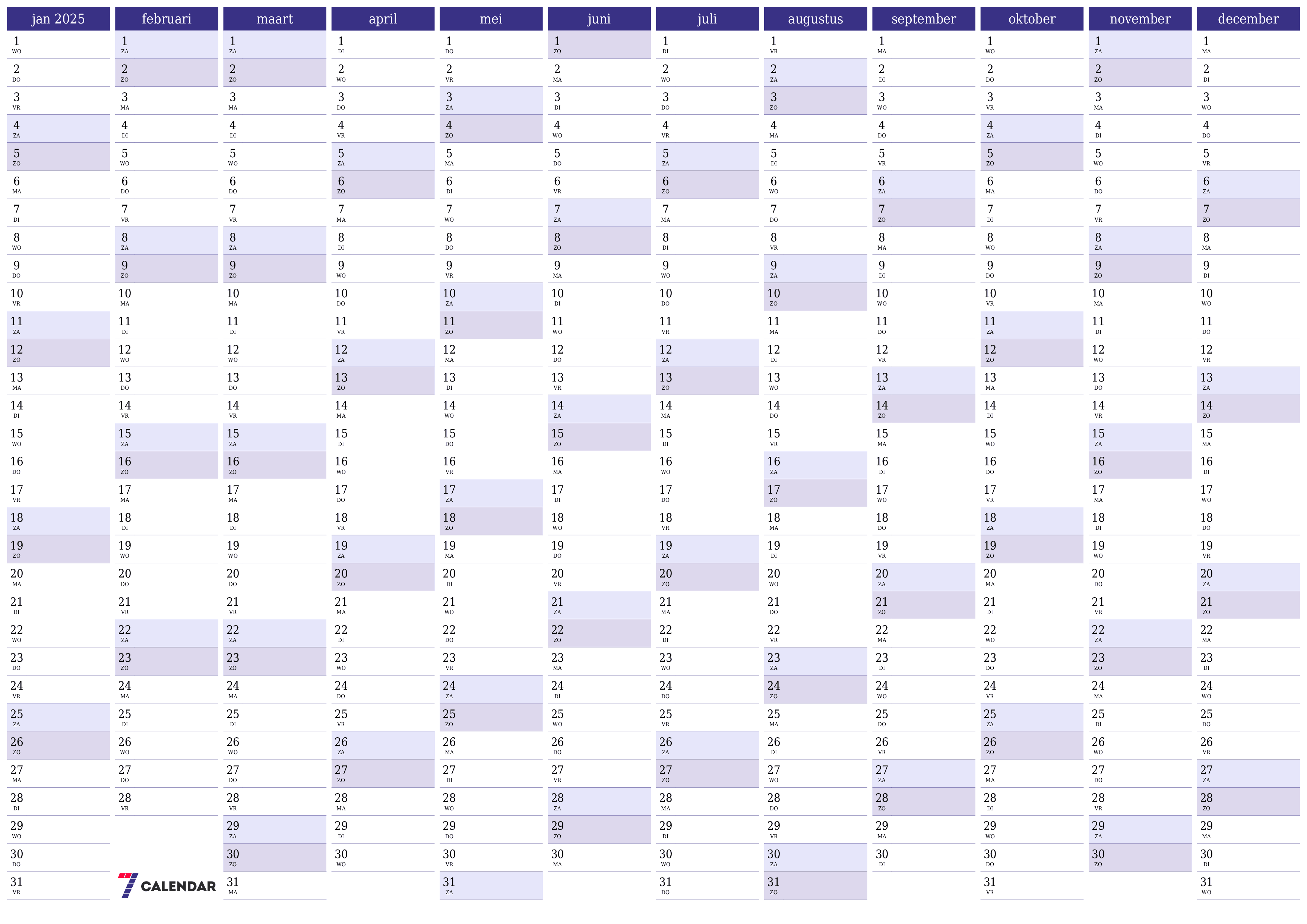 Lege jaarplanningskalender voor het jaar 2025 met notities, opslaan en afdrukken naar pdf PNG Dutch