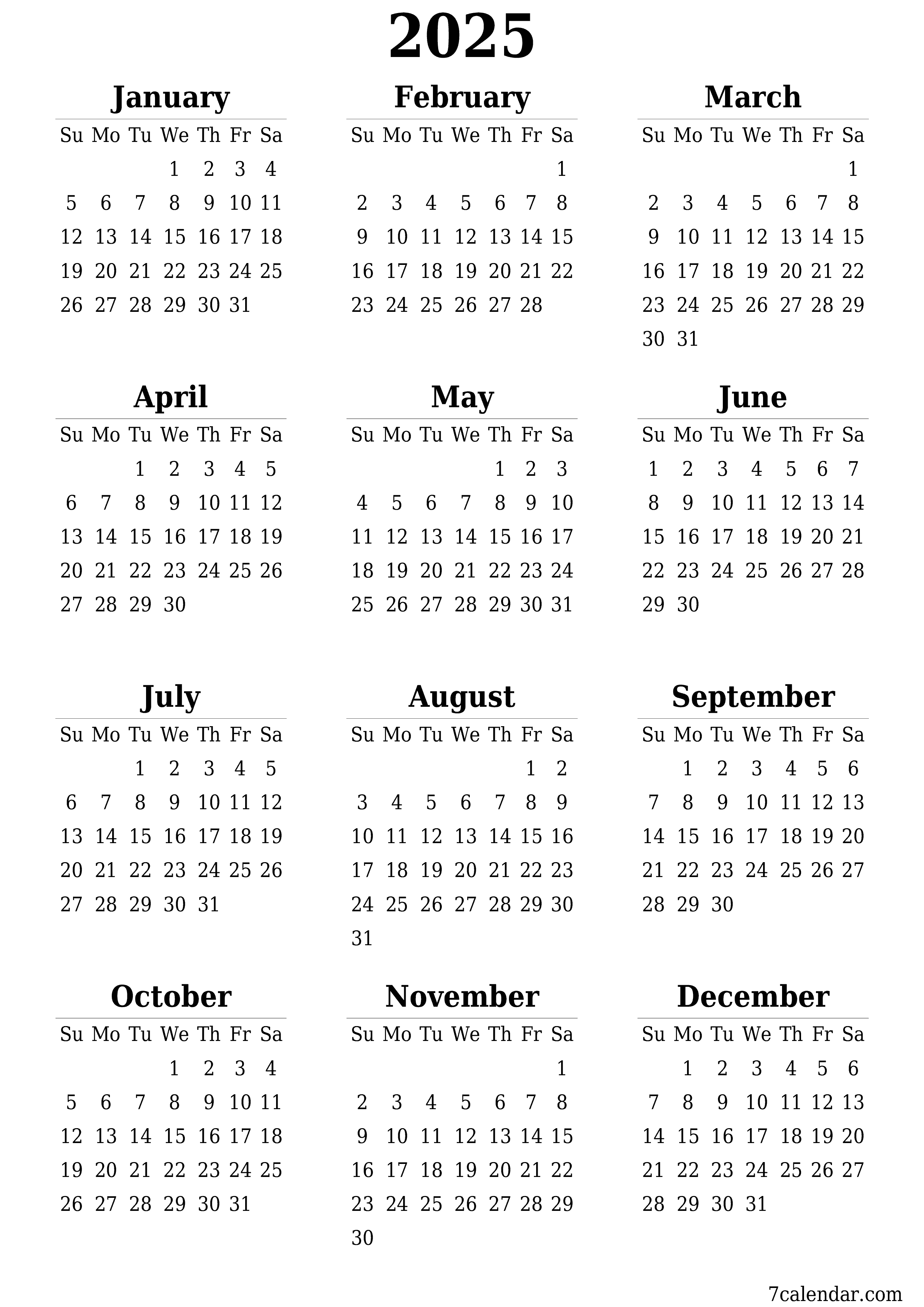 printable wall template free vertical Yearly calendar March (Mar) 2025