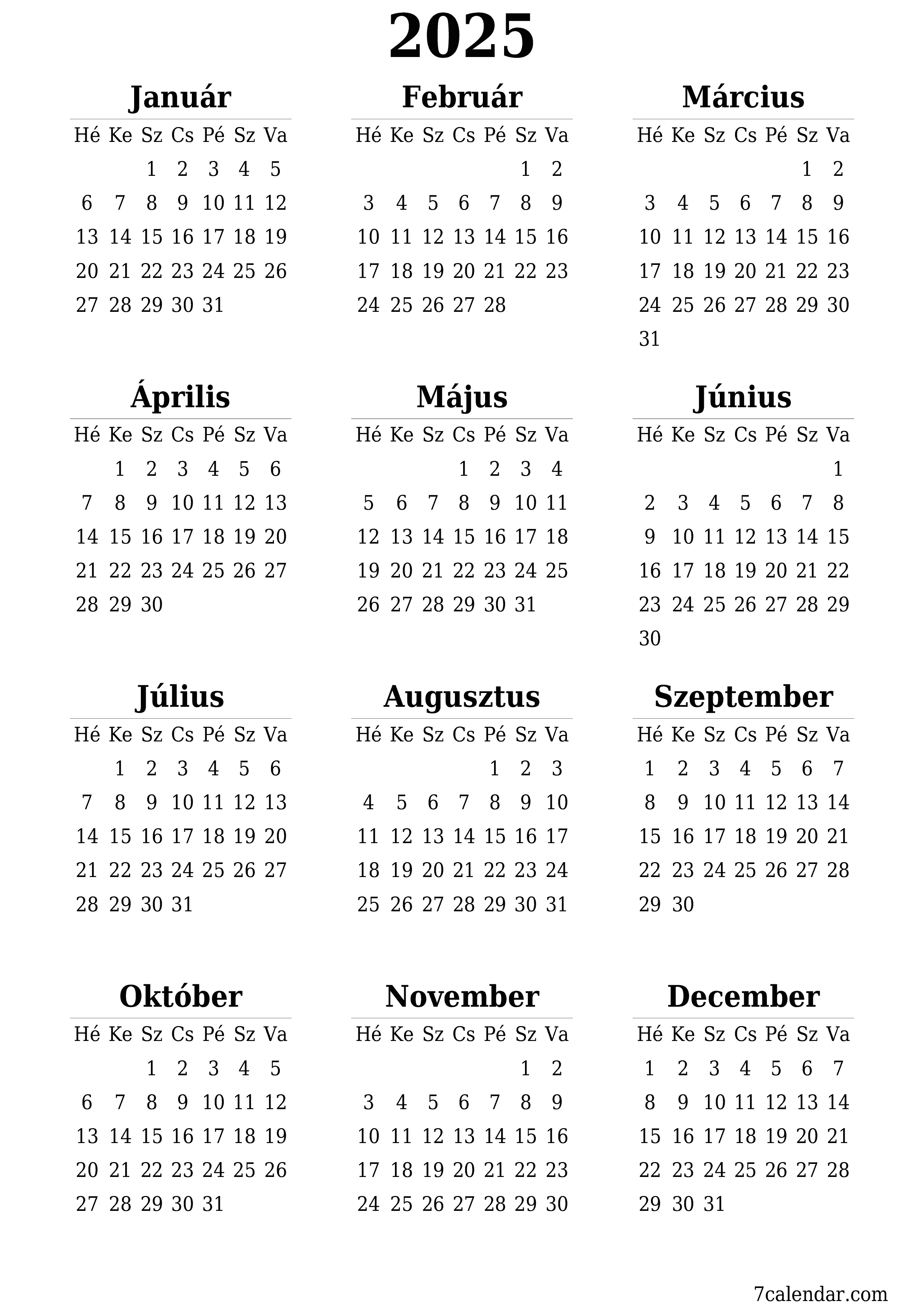 nyomtatható fali sablon ingyenes függőleges Éves naptár Június (Jún) 2025