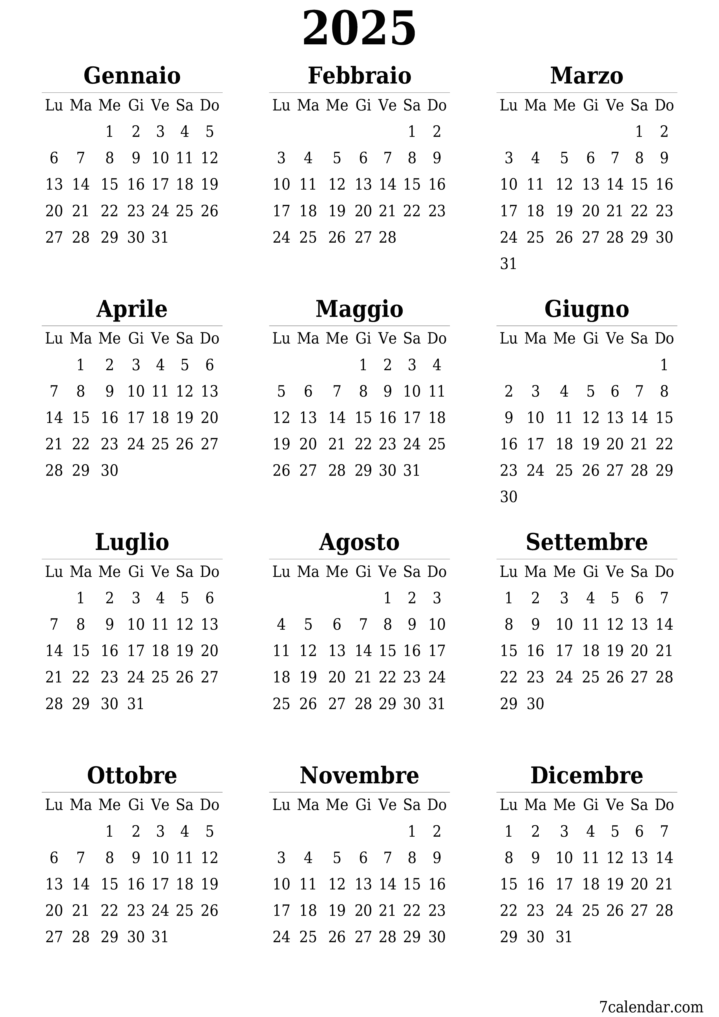 Calendario pianificatore annuale vuoto per l'anno 2025 con note, salva e stampa in PDF PNG Italian