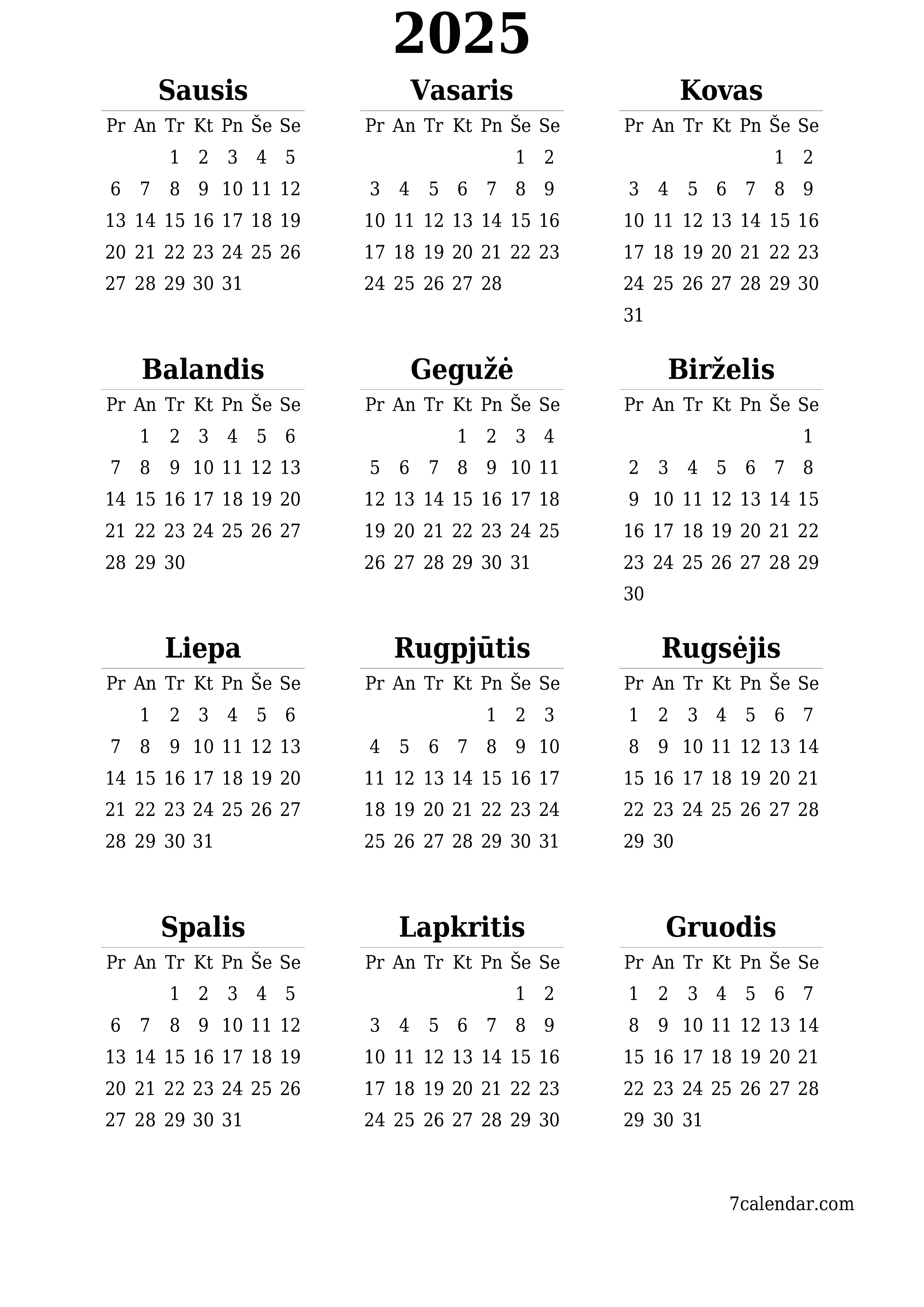 spausdinamas sieninis kalendoriaus šabloną nemokamas vertikaliai Kasmet kalendorius Birželis (Bir) 2025