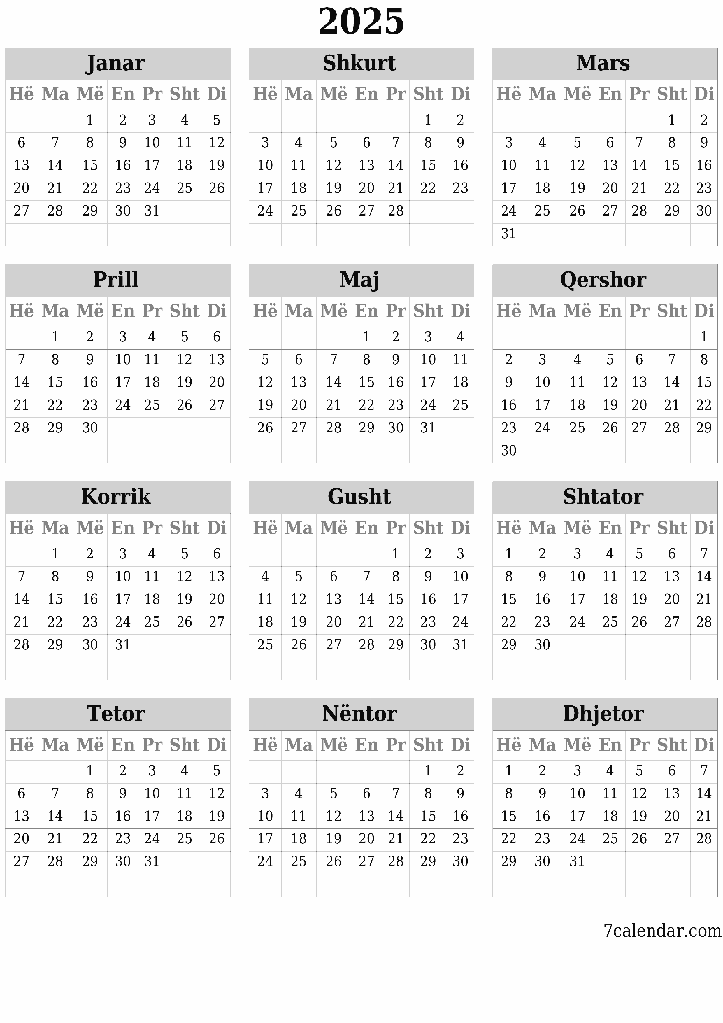 Planifikuesi bosh i kalendarit vjetor për vitin 2025 me shënime, ruani dhe printoni në PDF PNG Albanian
