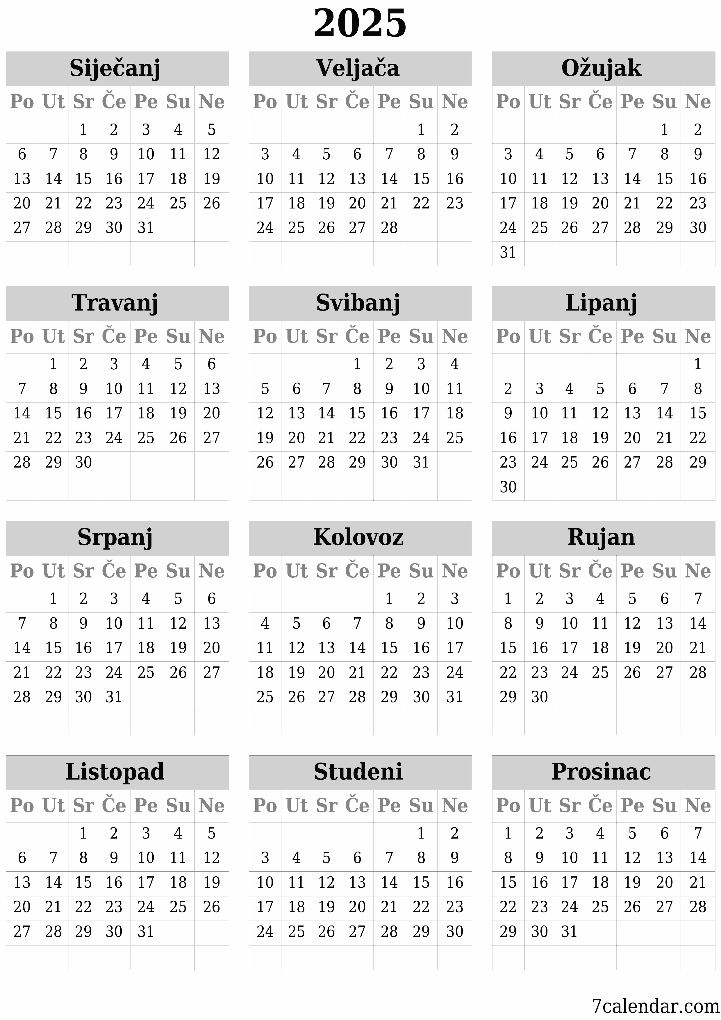 Ispraznite godišnji kalendar planera za godinu 2025 s bilješkama, spremite i ispišite u PDF PNG Croatian