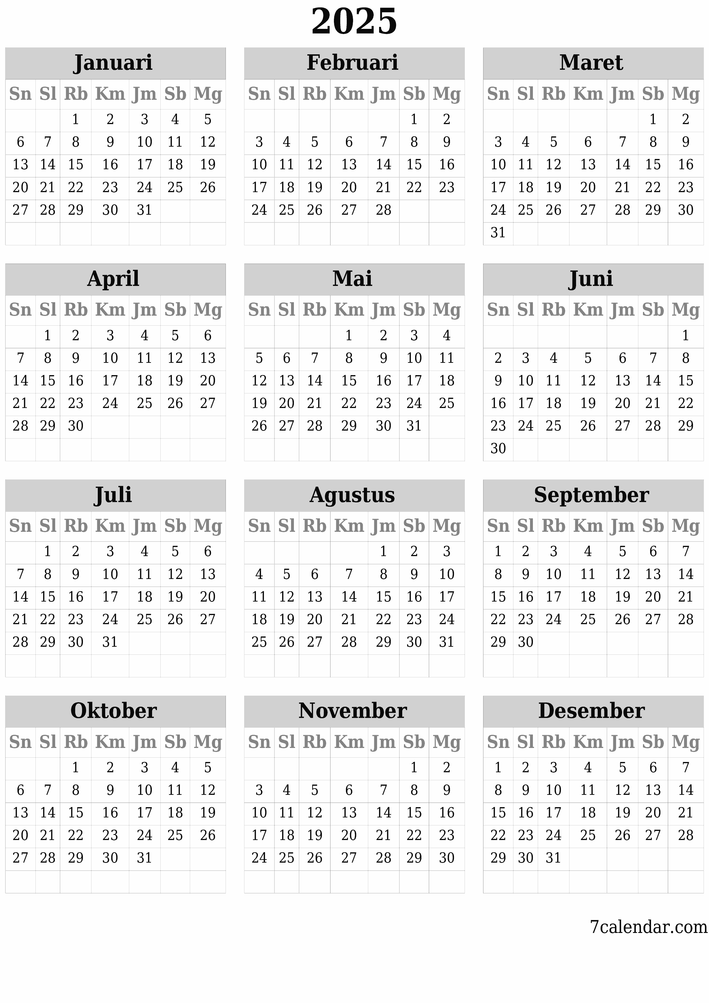 Kosongkan kalender perencana tahunan untuk tahun ini 2025 dengan catatan, simpan dan cetak ke PDF PNG Indonesian