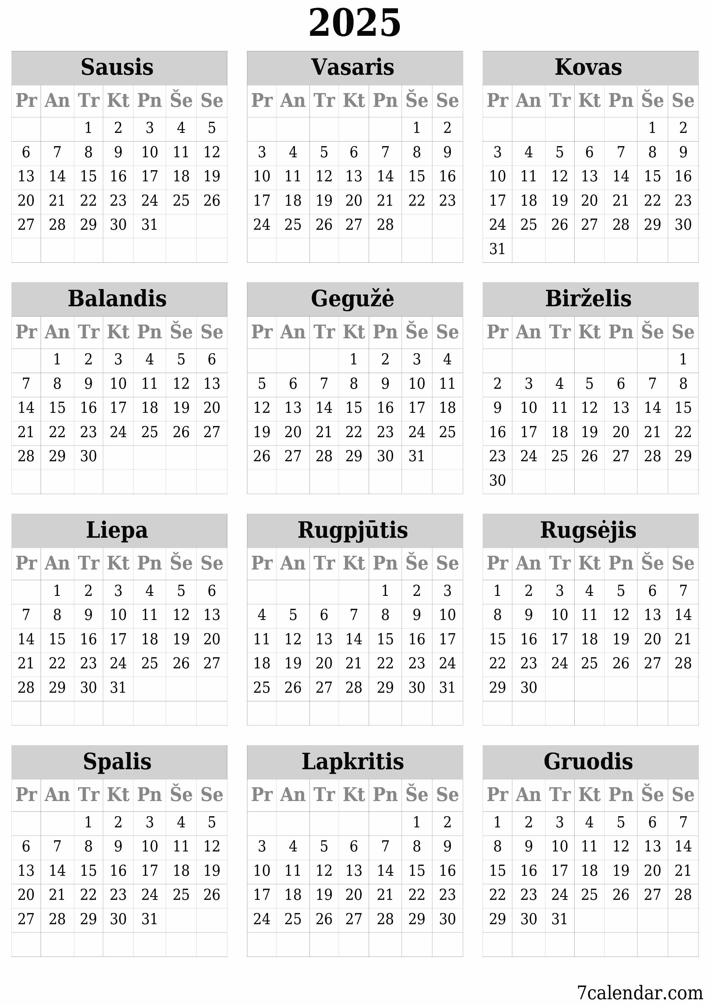 Tuščias metų planavimo kalendorius 2025 su užrašais, išsaugokite ir atsispausdinkite PDF formatu PNG Lithuanian