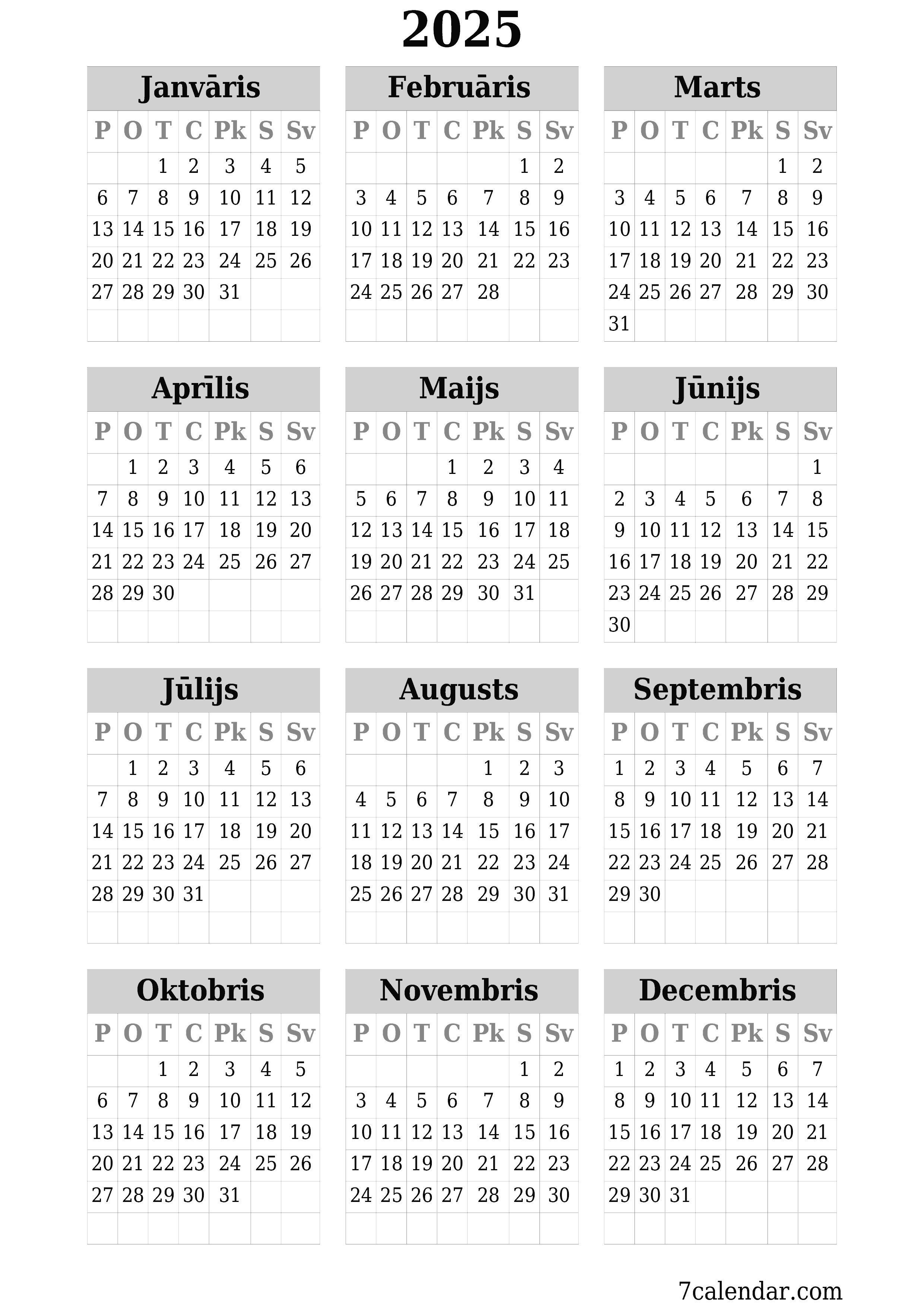 izdrukājams sienas kalendāra veidne bezmaksas vertikāli Gada kalendārs Decembris (Dec) 2025