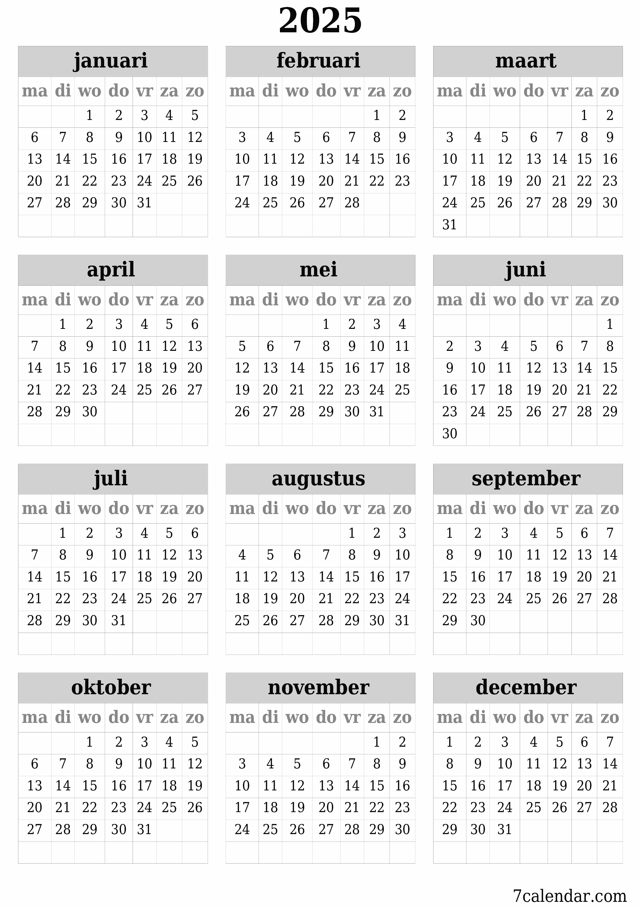 Lege jaarplanningskalender voor het jaar 2025 met notities, opslaan en afdrukken naar pdf PNG Dutch