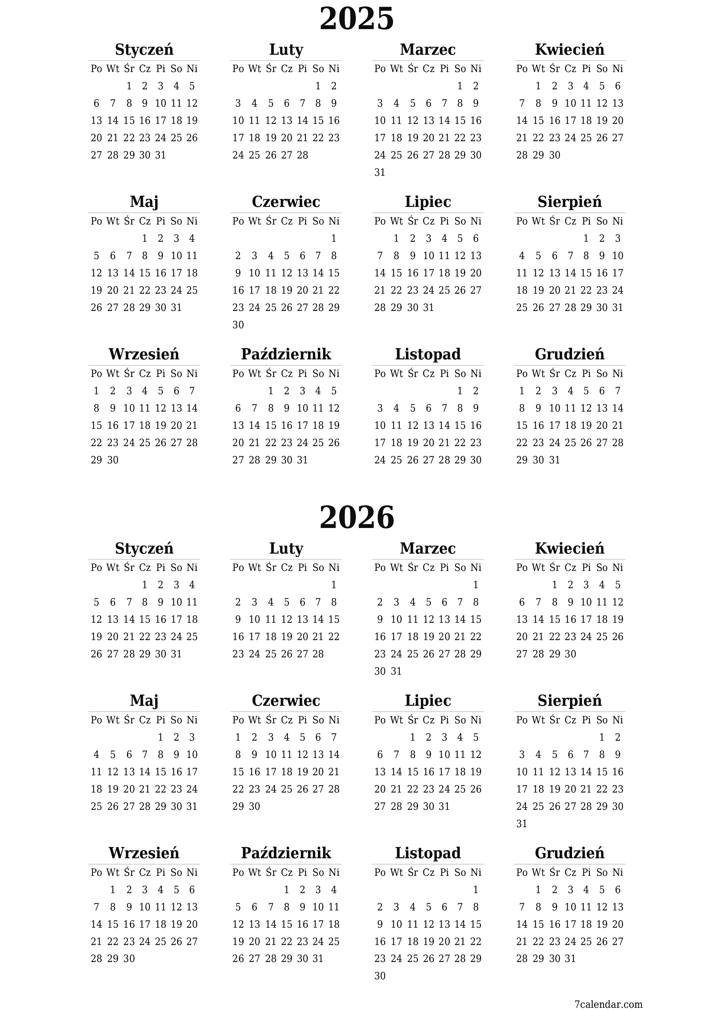 Opróżnij kalendarz rocznego planowania na rok 2025, 2026 z notatkami, zapisz i wydrukuj w formacie PDF PNG Polish