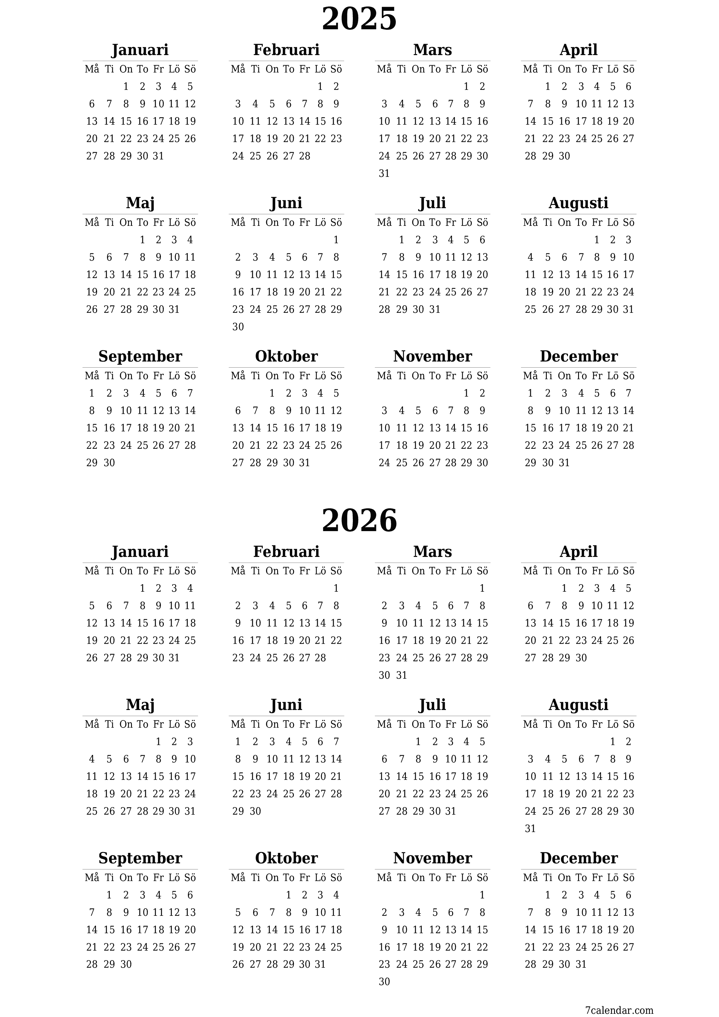 Tom årlig planeringskalender för året 2025, 2026 med anteckningar, spara och skriv ut till PDF PNG Swedish