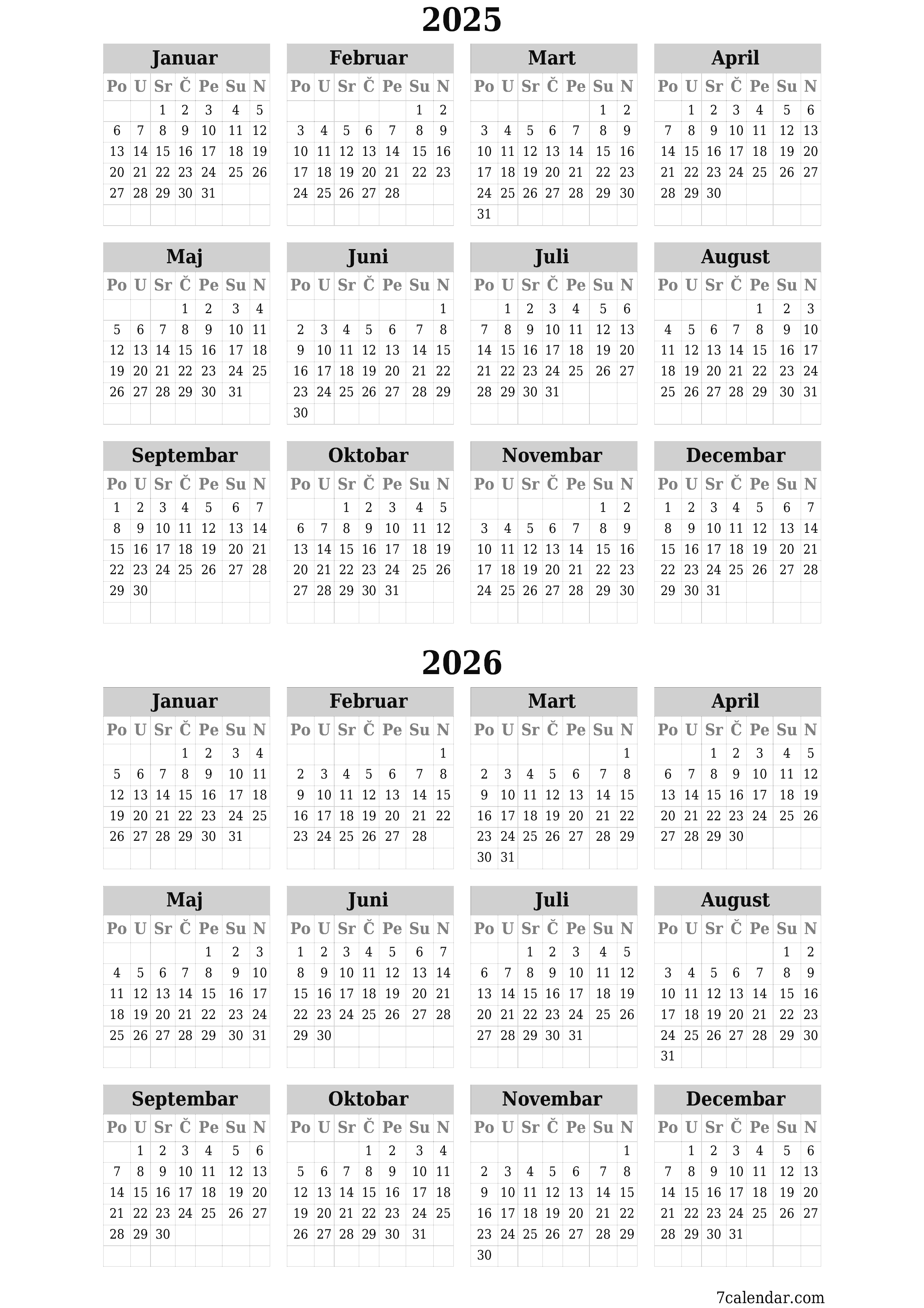 Ispraznite godišnji kalendar planera za godinu 2025, 2026 s bilješkama, spremite i ispišite u PDF PNG Bosnian