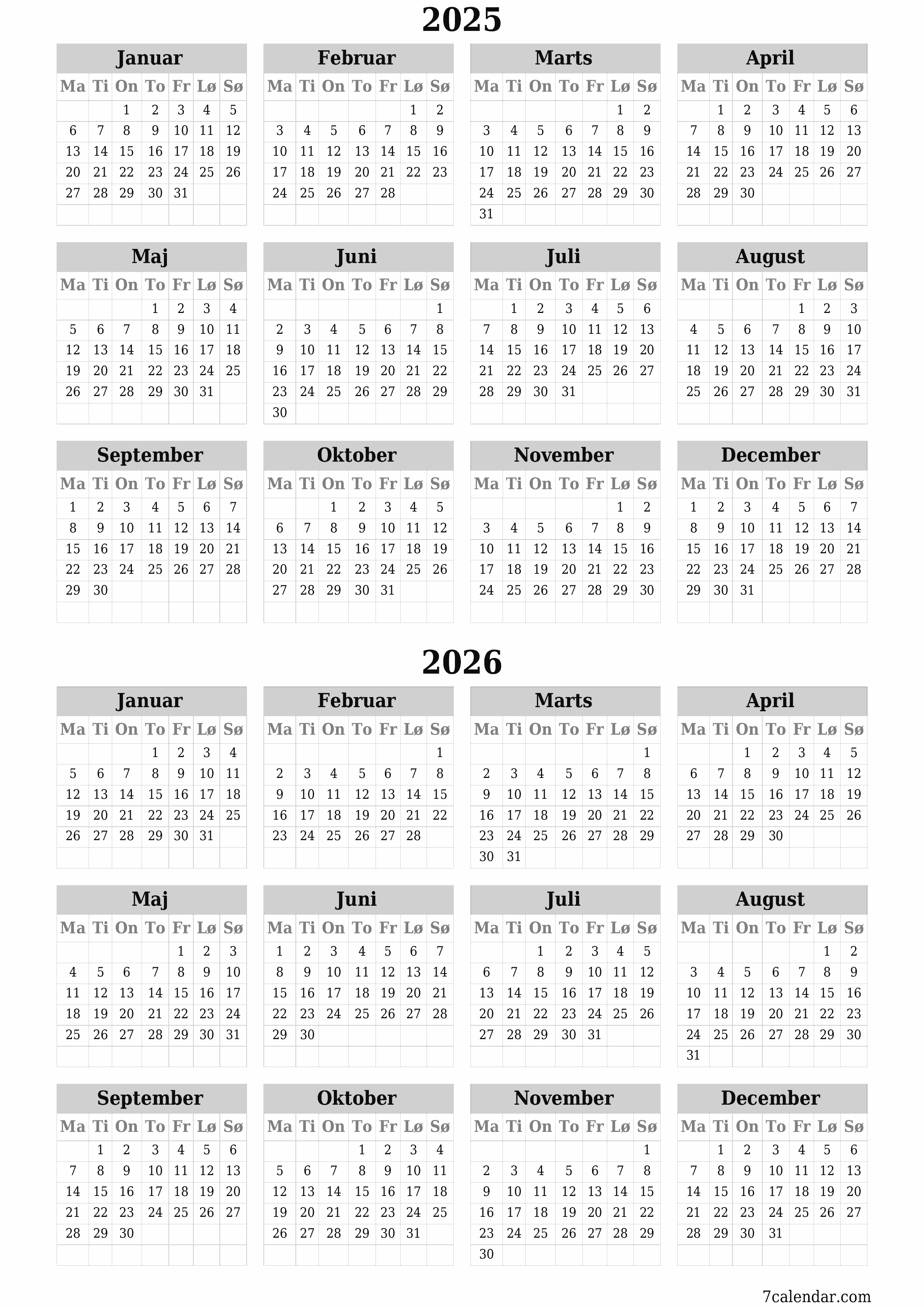 Tom årlig planlægningskalender for året 2025, 2026 med noter, gem og udskriv til PDF PNG Danish