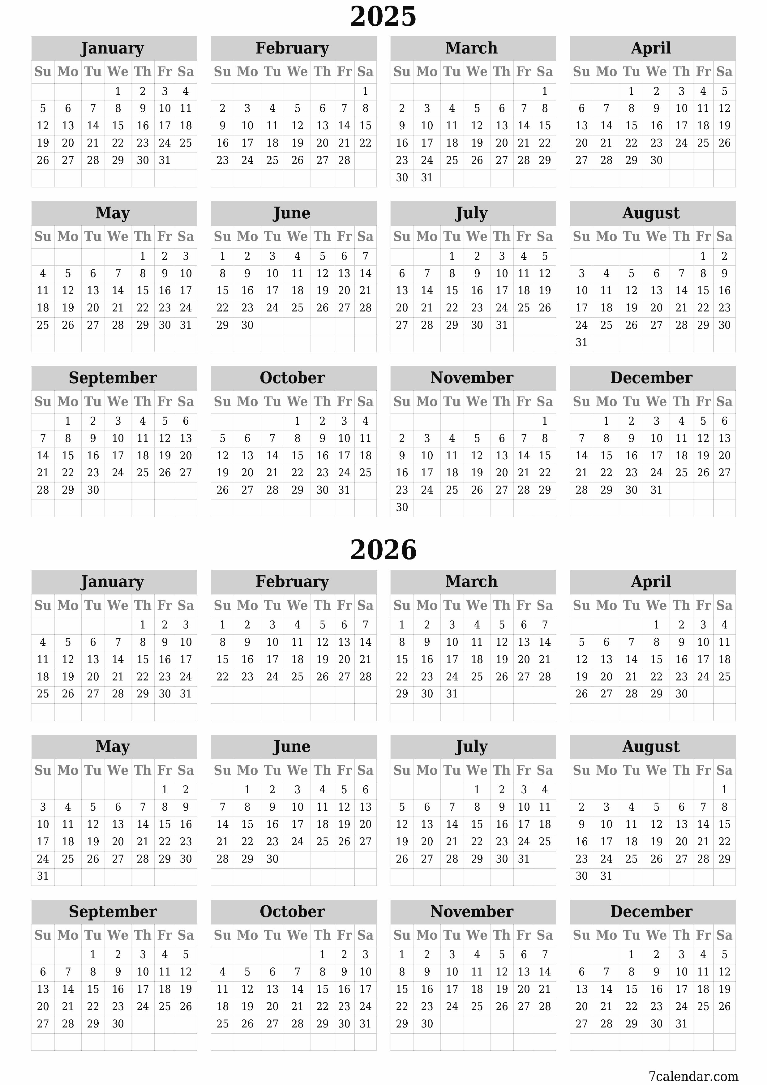 Blank calendar 2025, 2026