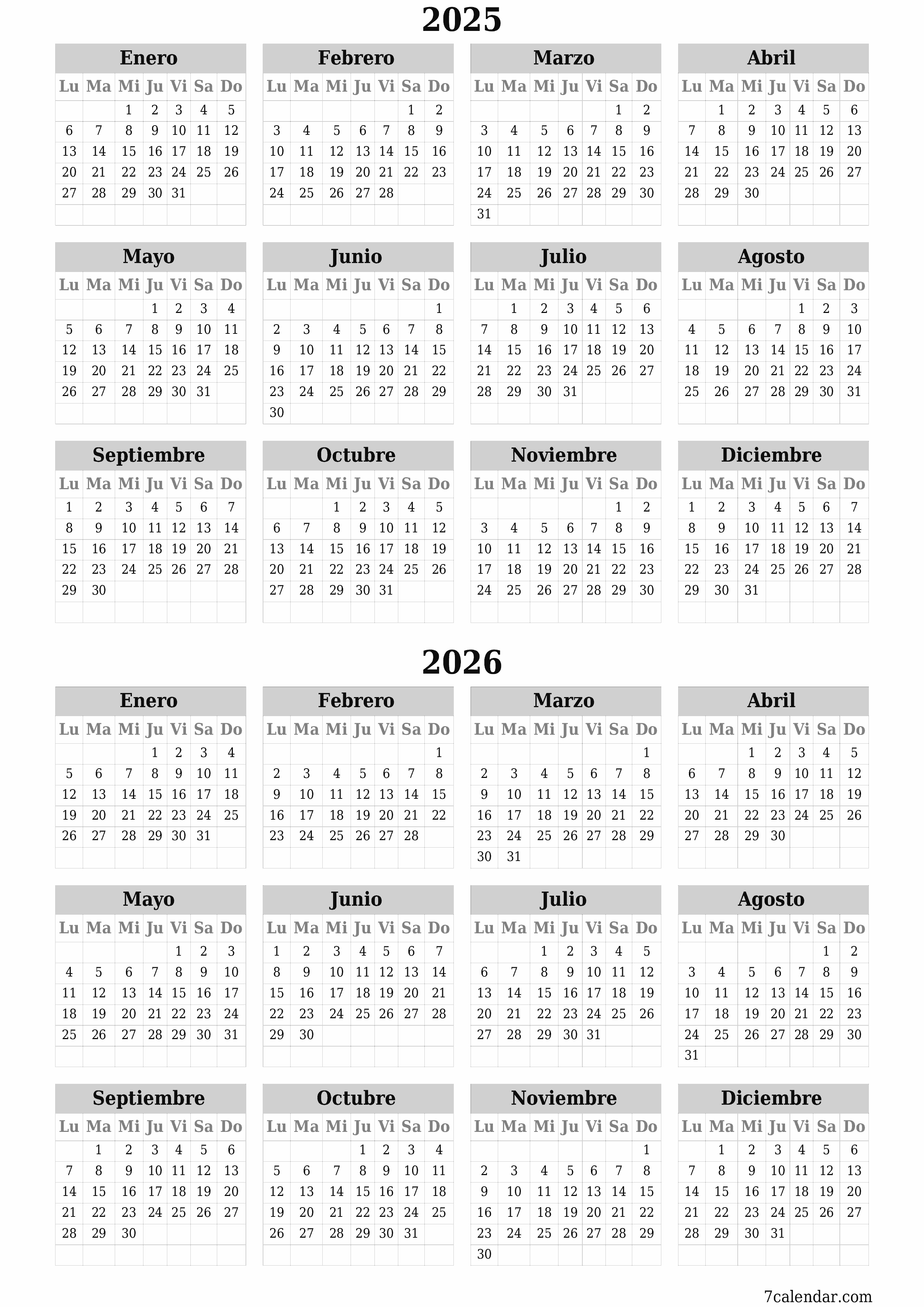 Calendario planificador anual vacío para el año 2025, 2026 con notas, guardar e imprimir en PDF PNG Spanish