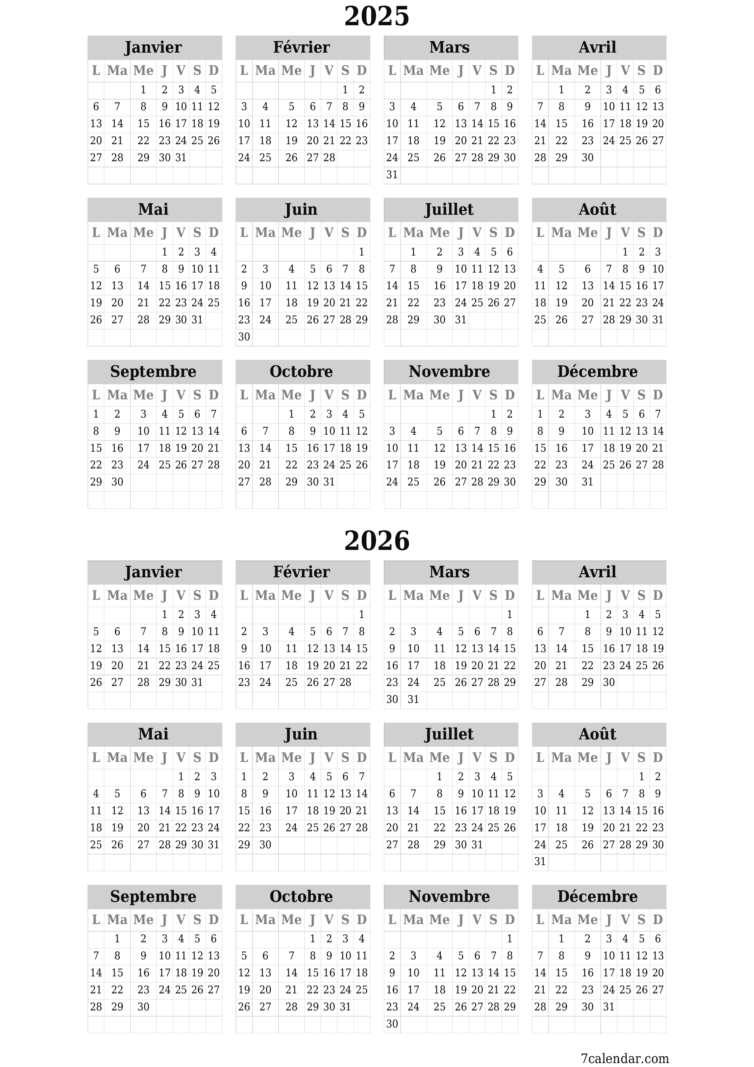 Calendrier annuel vide pour l'année 2025, 2026 avec notes, enregistrer et imprimer au format PDF PNG French