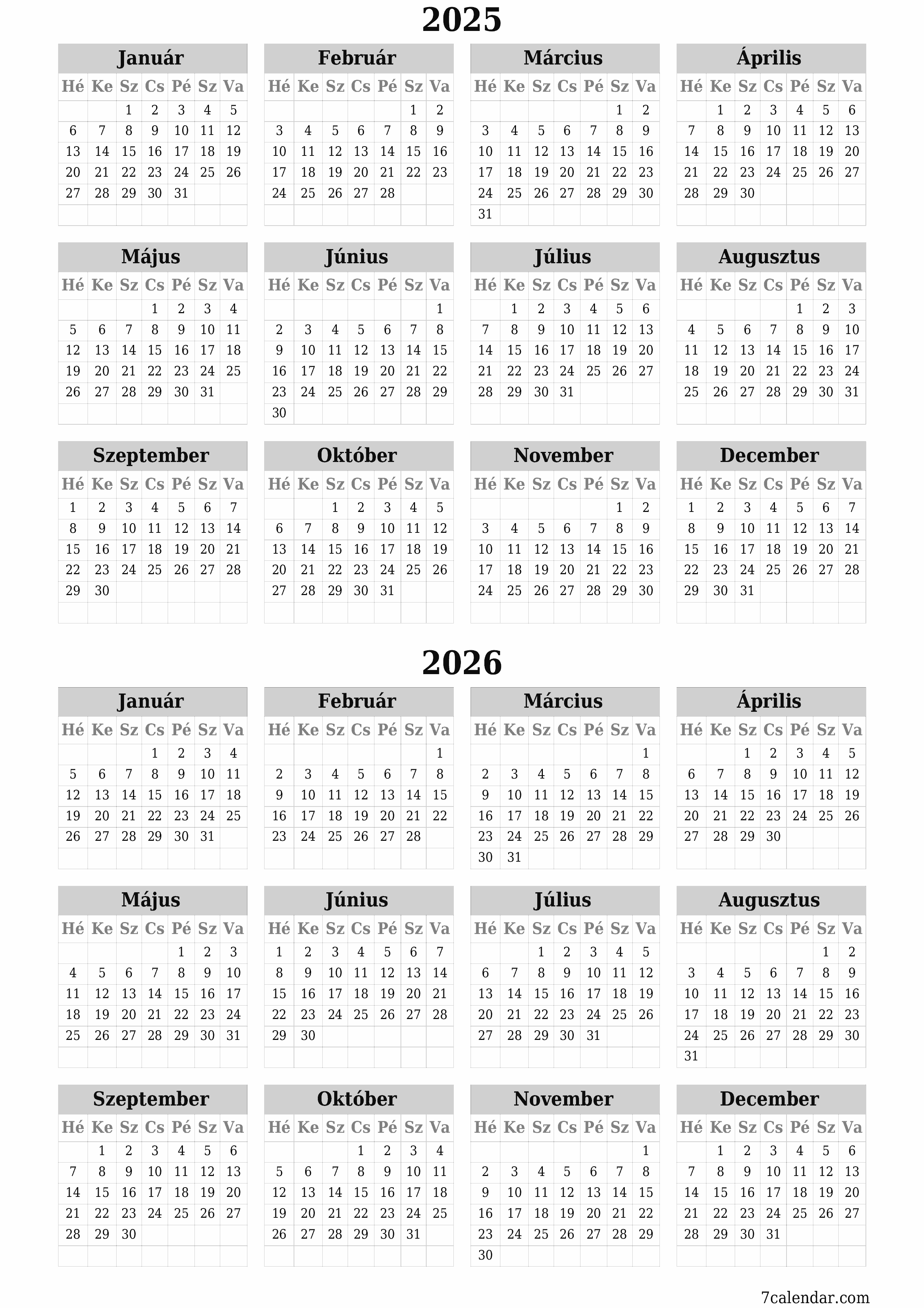 Üres éves tervezői naptár az évre 2025, 2026 jegyzetekkel, mentés és nyomtatás PDF-be PNG Hungarian