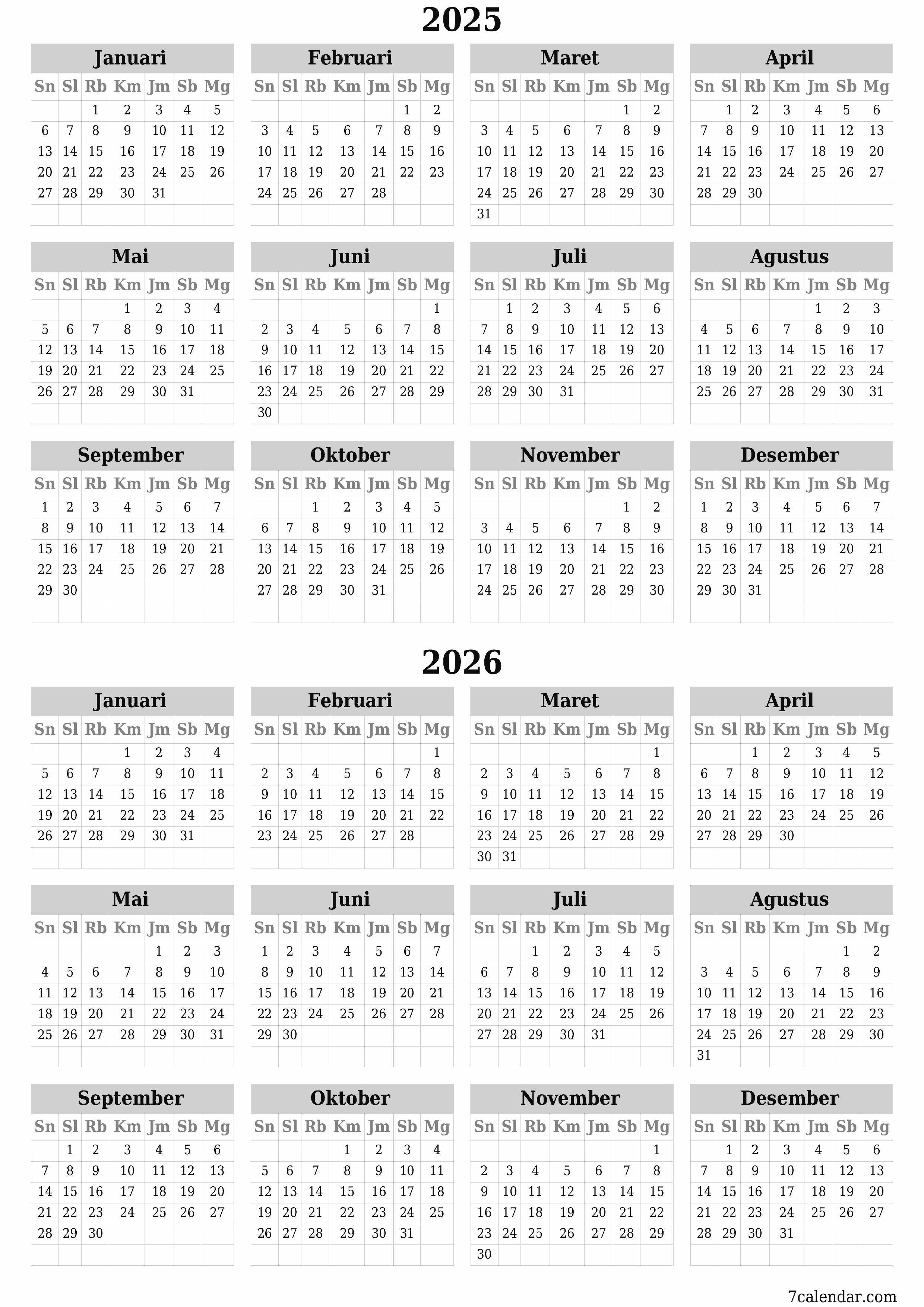 Kosongkan kalender perencana tahunan untuk tahun ini 2025, 2026 dengan catatan, simpan dan cetak ke PDF PNG Indonesian