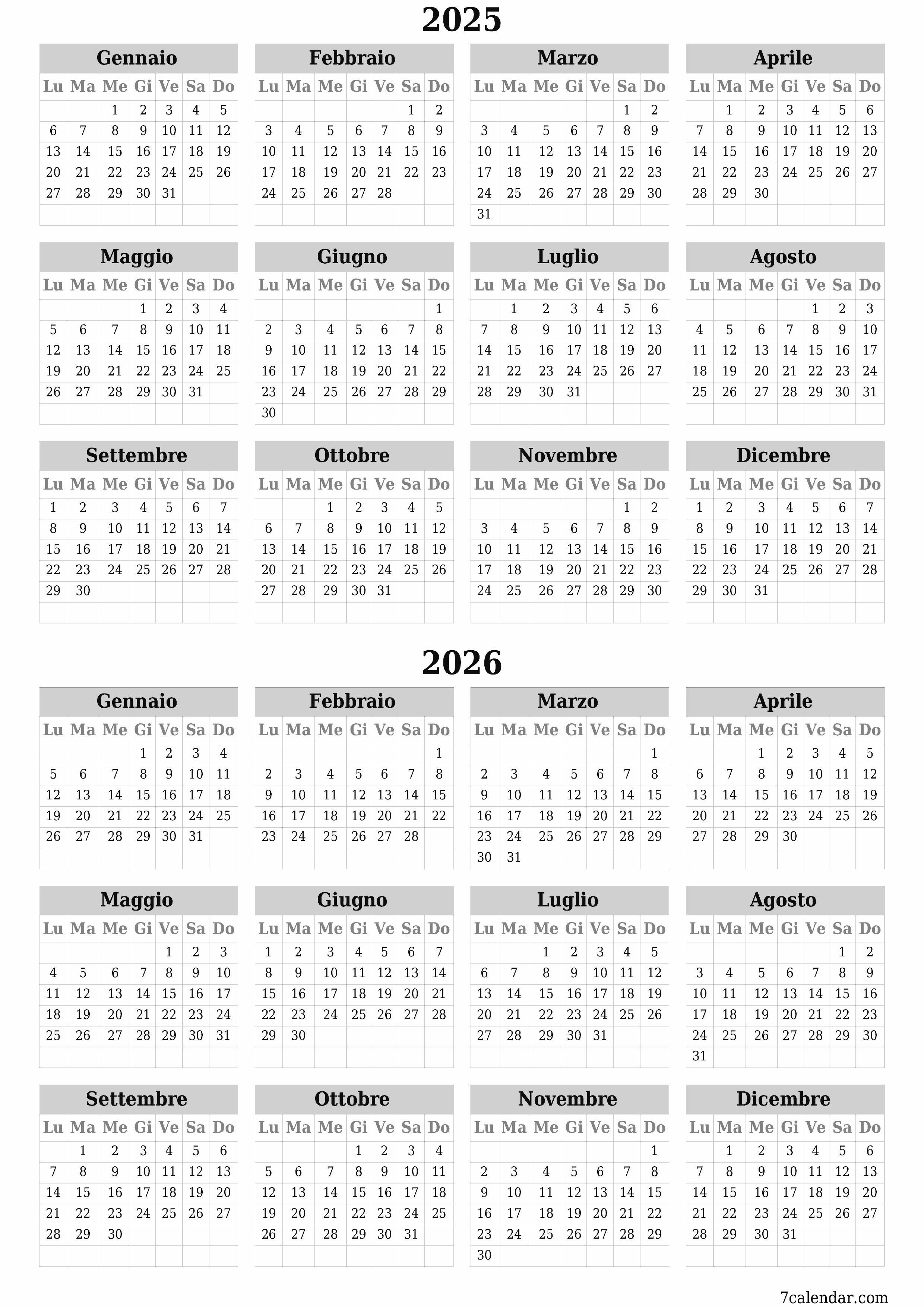Calendario pianificatore annuale vuoto per l'anno 2025, 2026 con note, salva e stampa in PDF PNG Italian