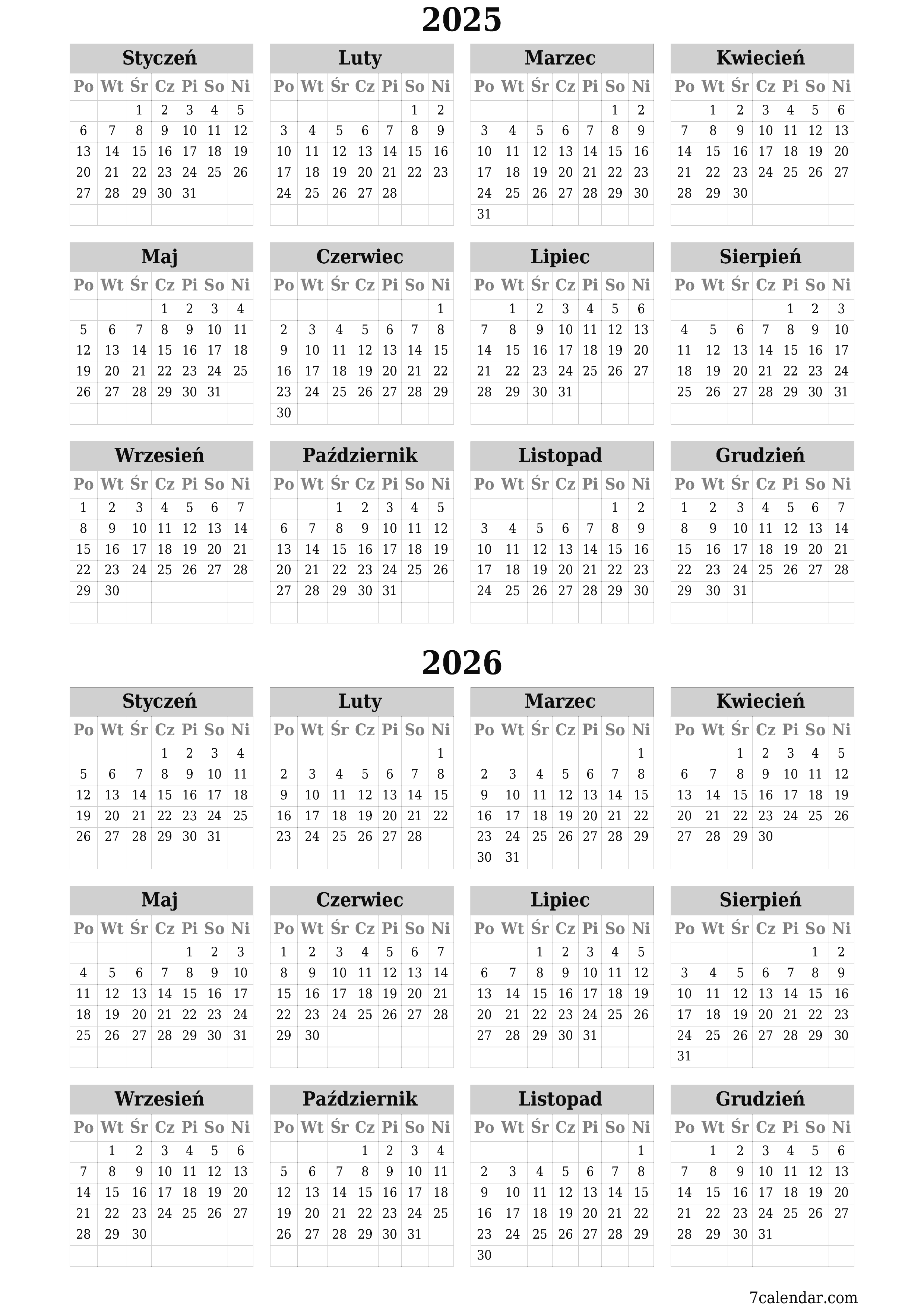Opróżnij kalendarz rocznego planowania na rok 2025, 2026 z notatkami, zapisz i wydrukuj w formacie PDF PNG Polish