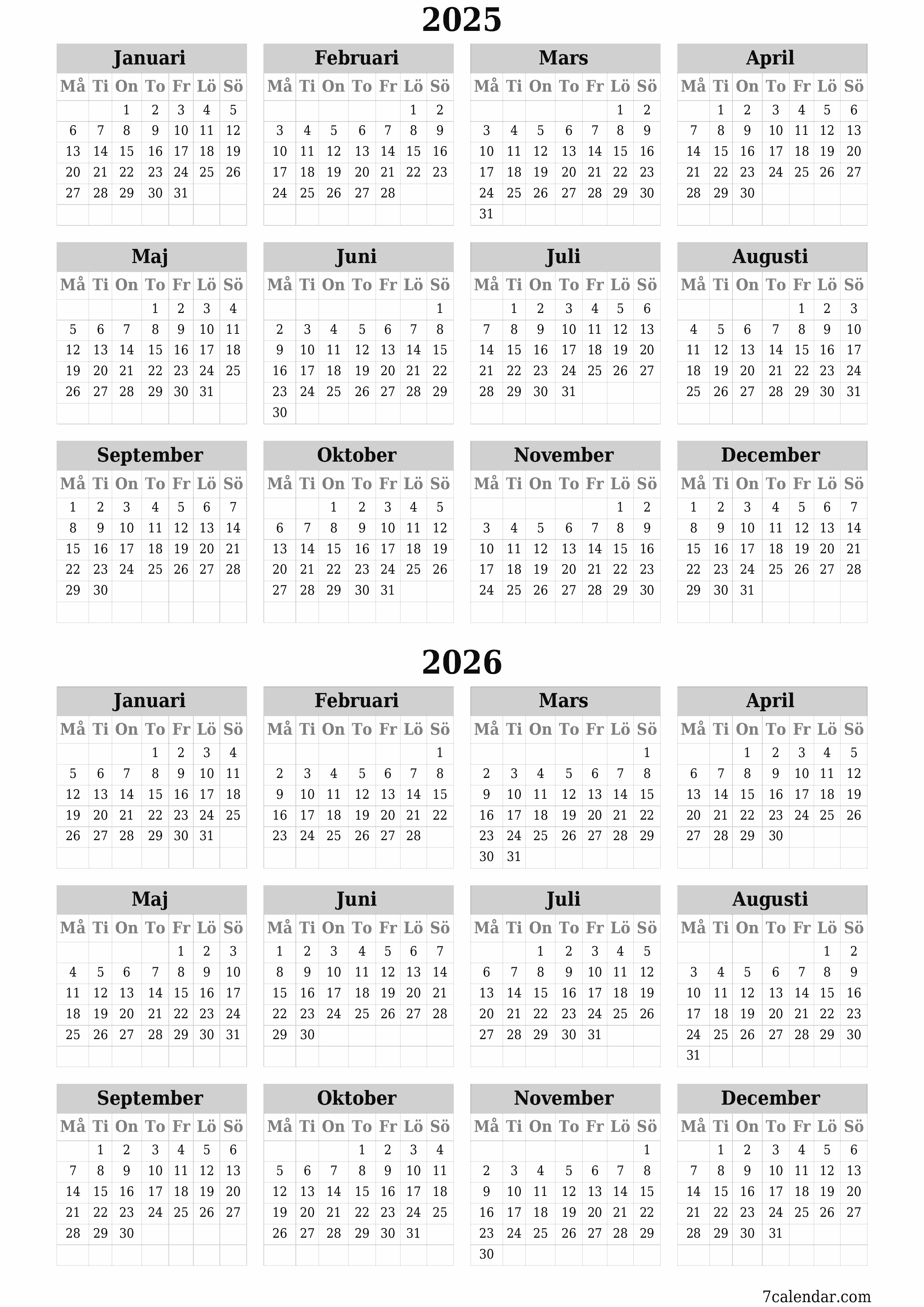 Tom årlig planeringskalender för året 2025, 2026 med anteckningar, spara och skriv ut till PDF PNG Swedish