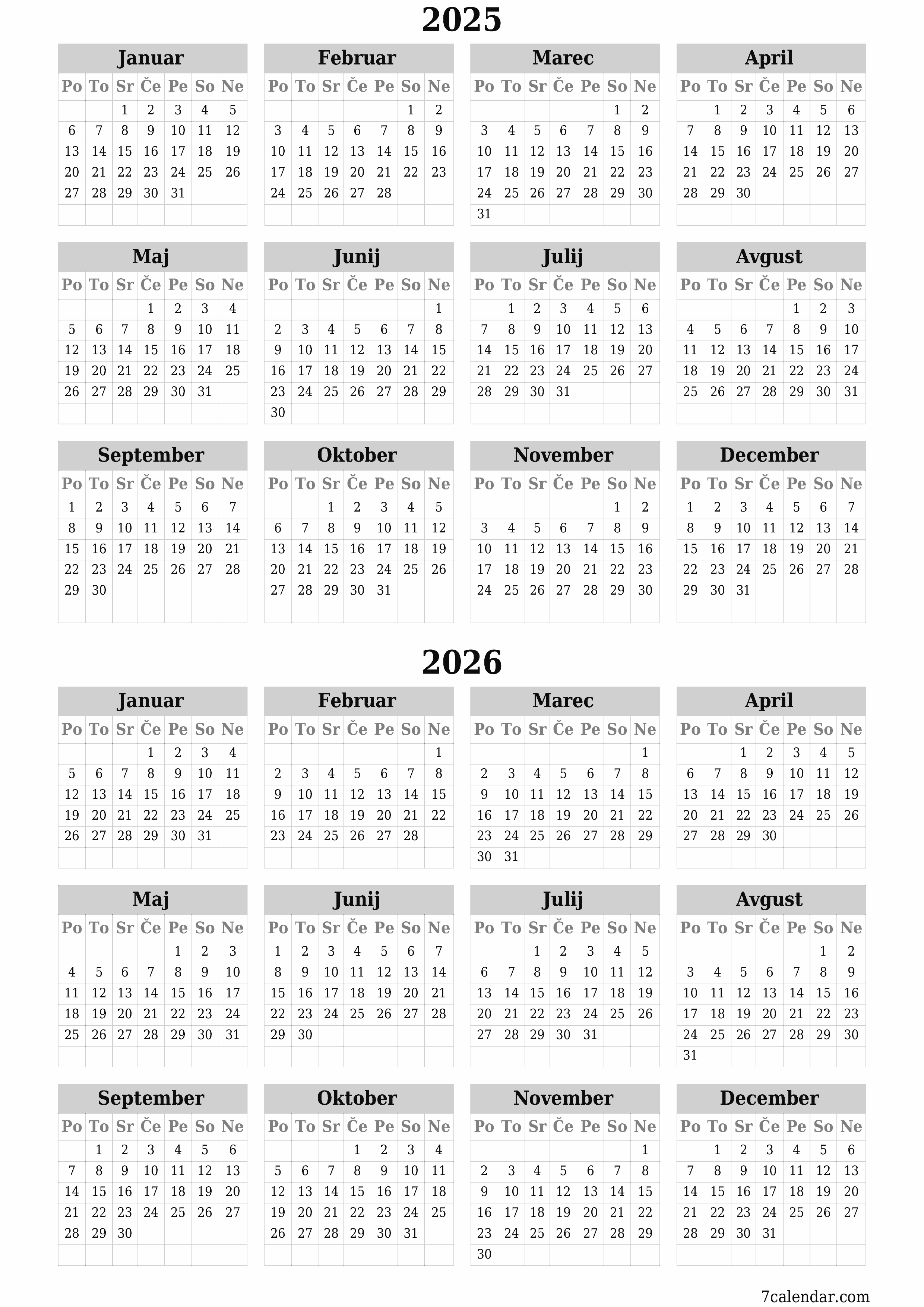 Prazen letni načrtovalec koledarja za leto 2025, 2026 z opombami za tiskanje v PDF-ju PNG Slovenian