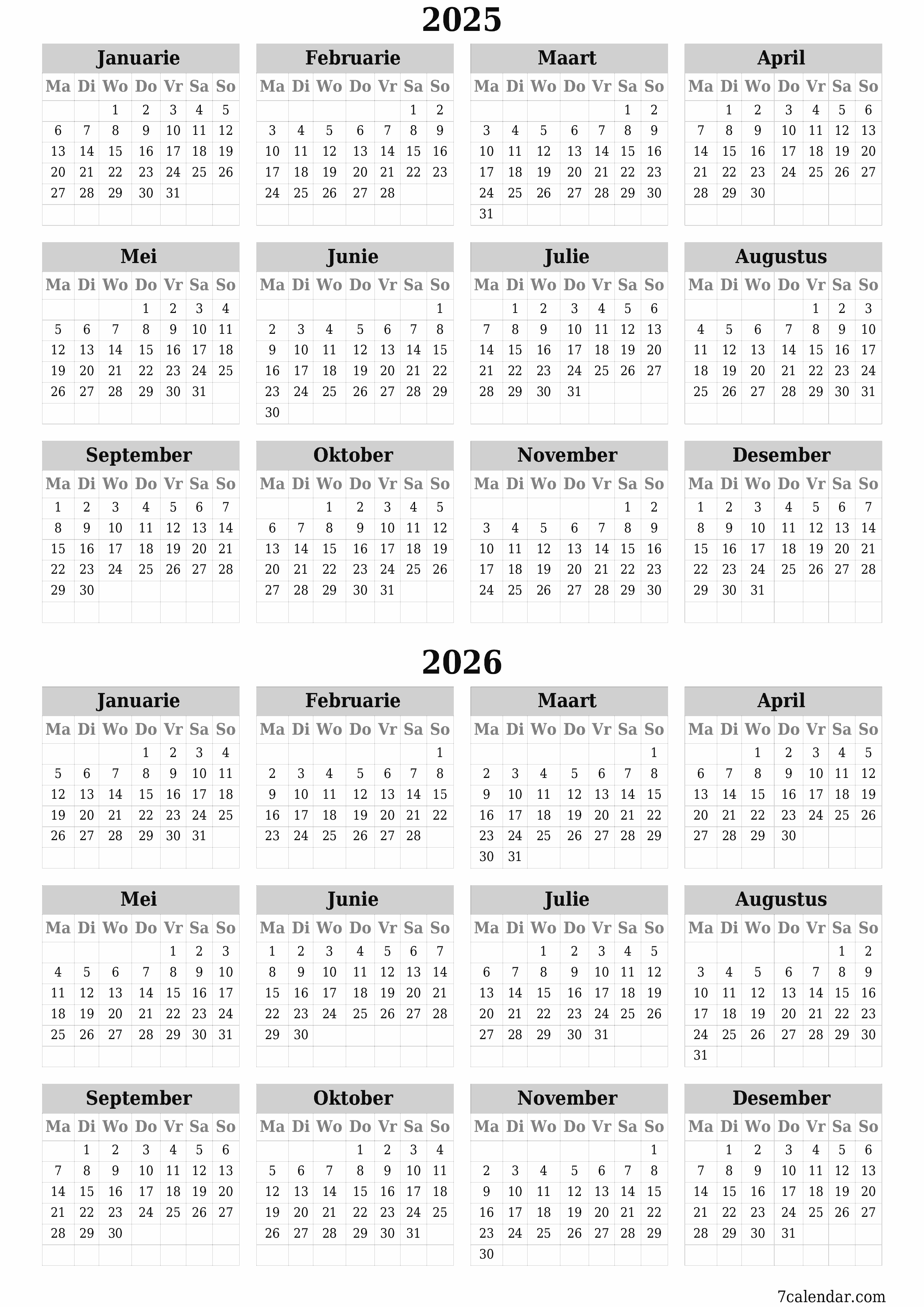 Leë jaarlikse drukbare kalender en beplanner vir die jaar 2025, 2026 met notas, stoor en druk na PDF PNG Afrikaans