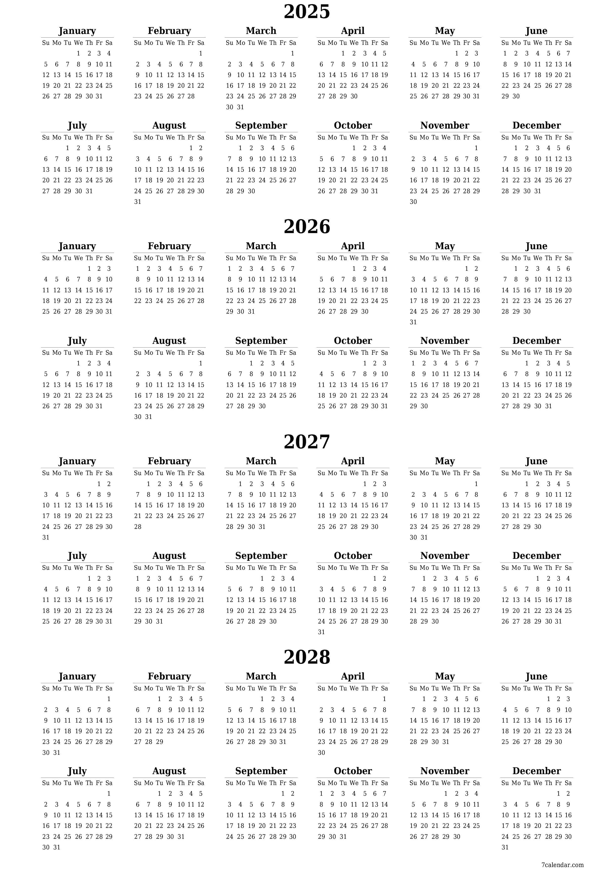Blank calendar 2025, 2026, 2027, 2028