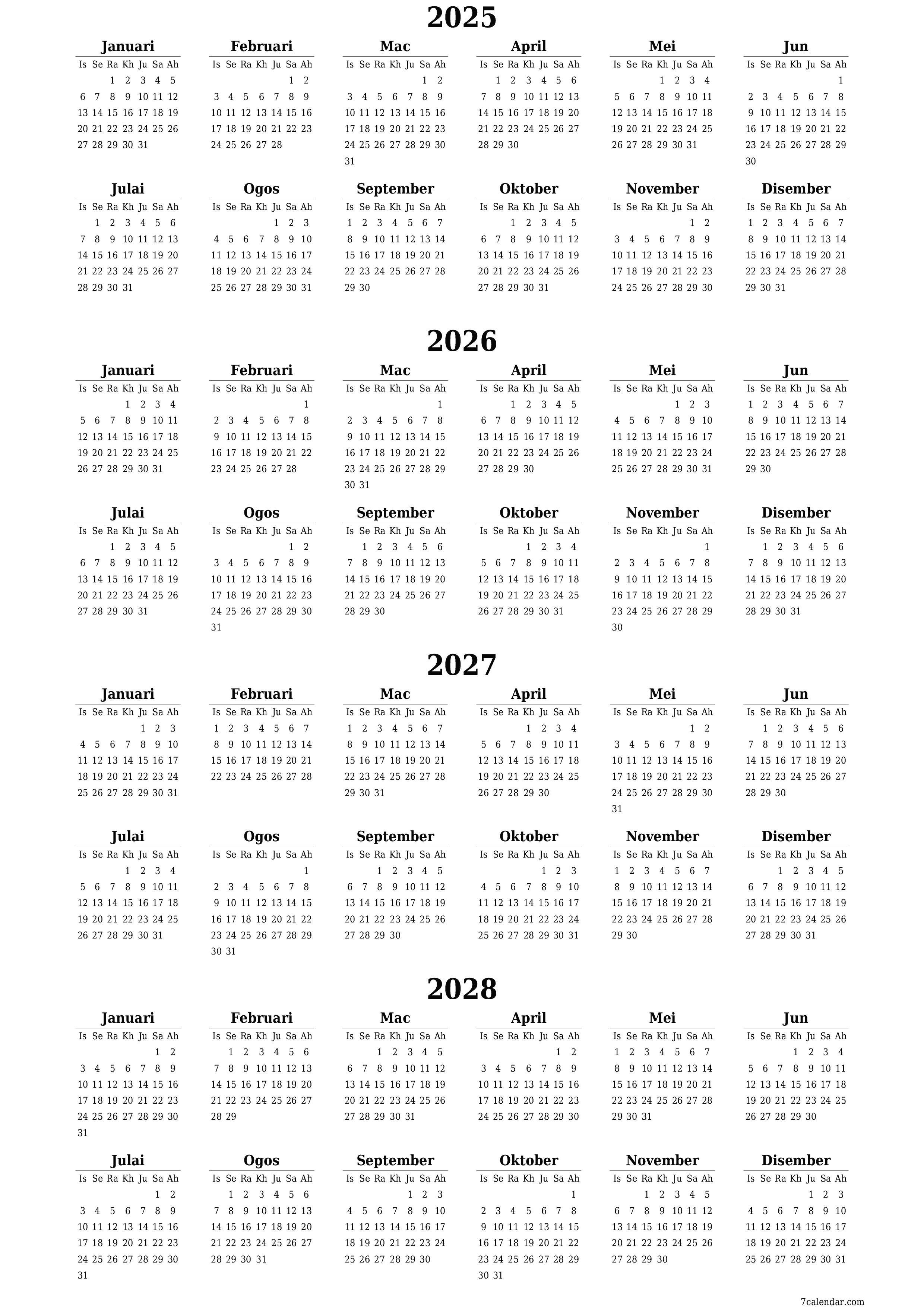  boleh cetak dinding templat percumamenegak Tahunan kalendar Mac (Mar) 2025