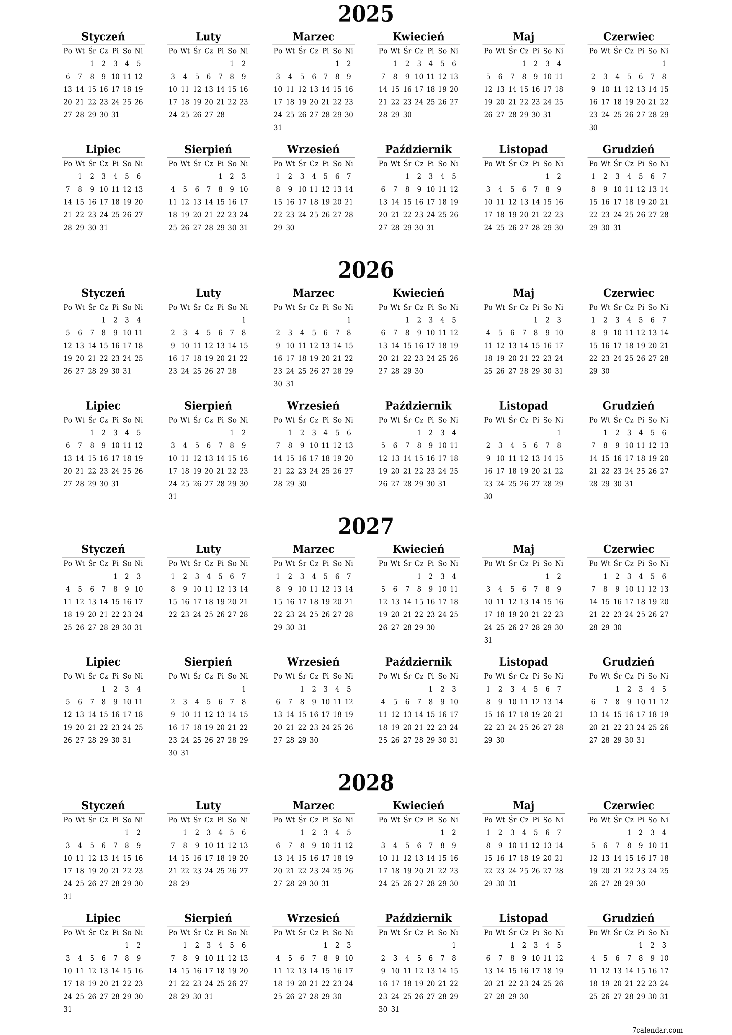  do druku ścienny szablon a darmowy pionowy Roczny kalendarz Luty (Lut) 2025