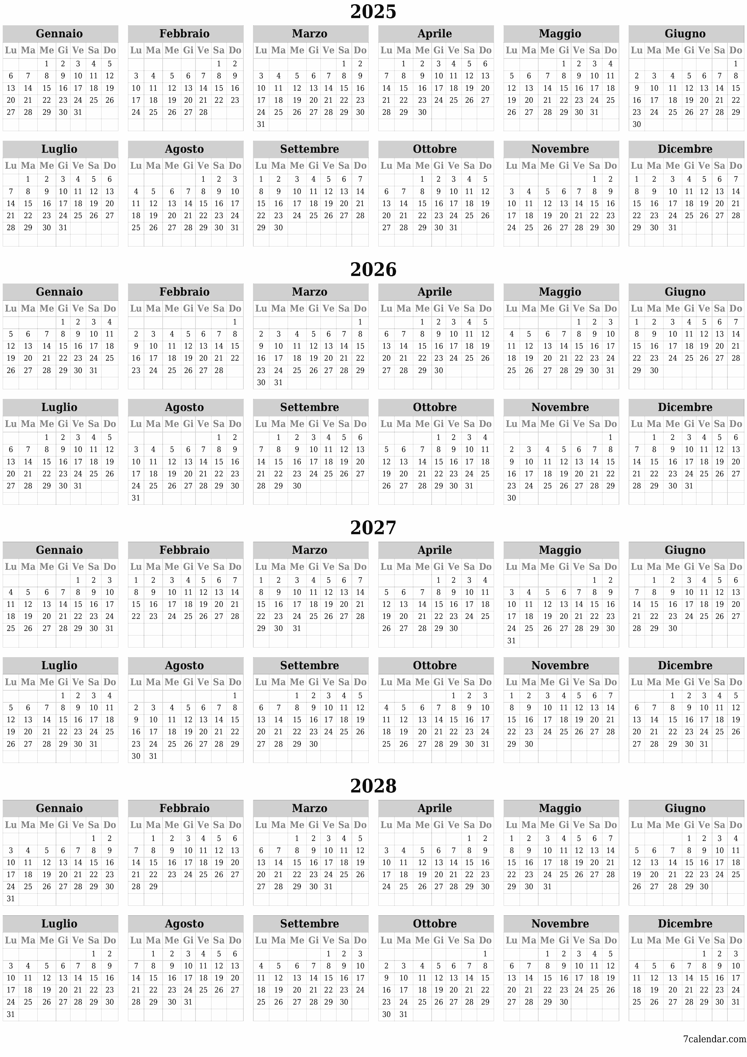 Calendario pianificatore annuale vuoto per l'anno 2025, 2026, 2027, 2028 con note, salva e stampa in PDF PNG Italian