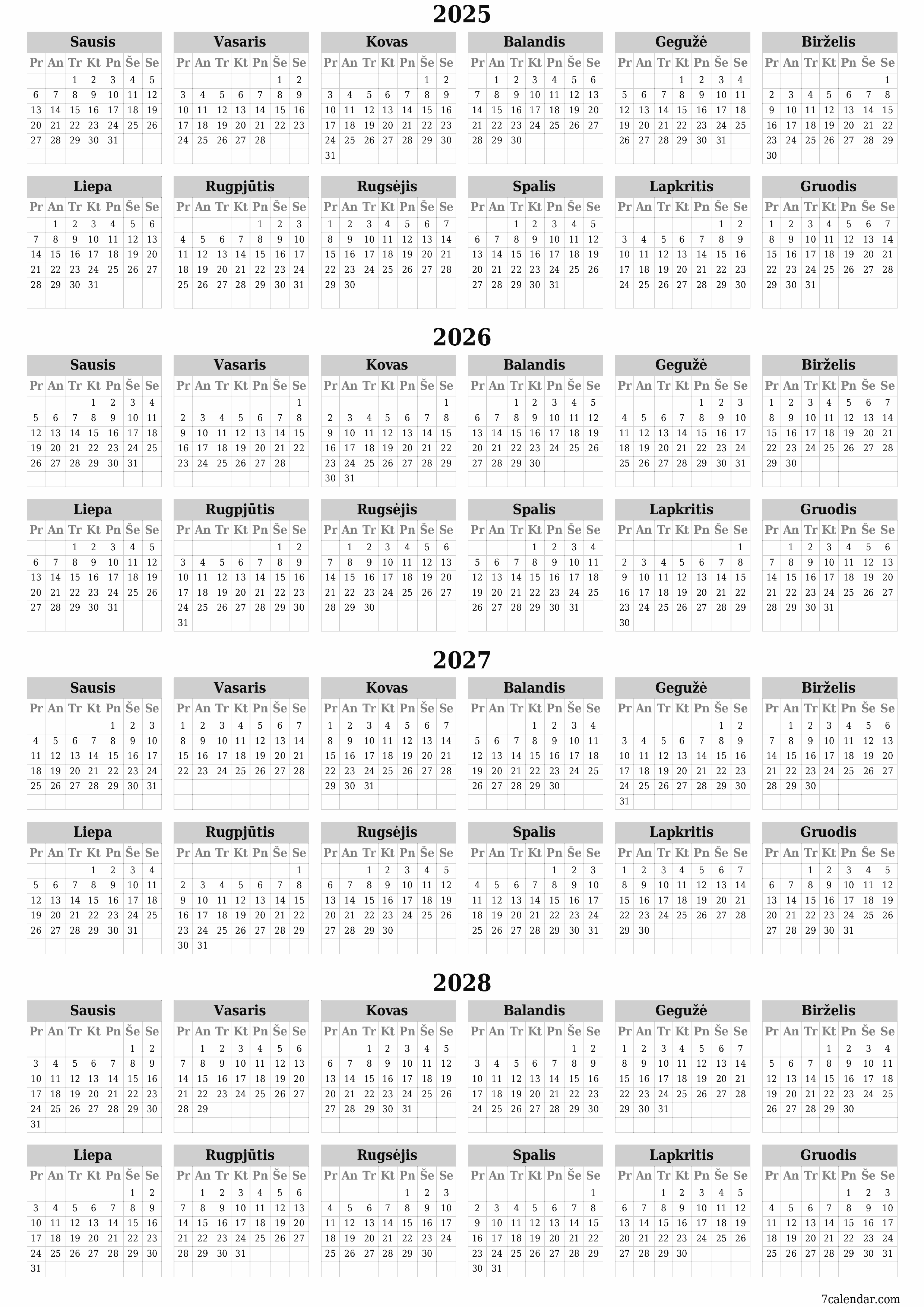 Tuščias metų planavimo kalendorius 2025, 2026, 2027, 2028 su užrašais, išsaugokite ir atsispausdinkite PDF formatu PNG Lithuanian