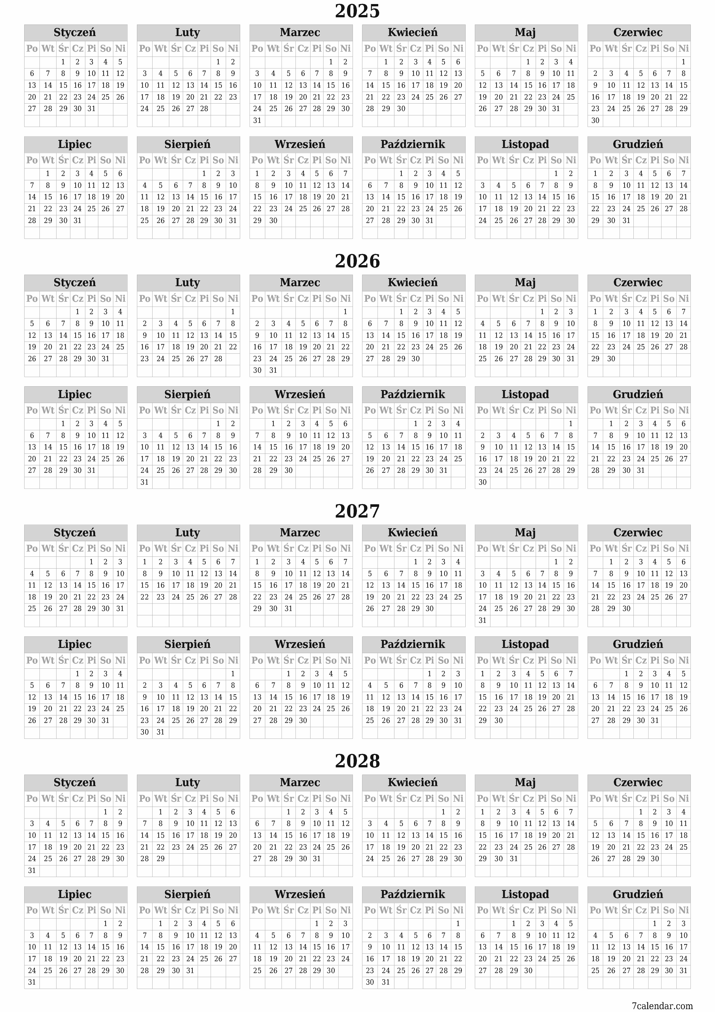 Opróżnij kalendarz rocznego planowania na rok 2025, 2026, 2027, 2028 z notatkami, zapisz i wydrukuj w formacie PDF PNG Polish