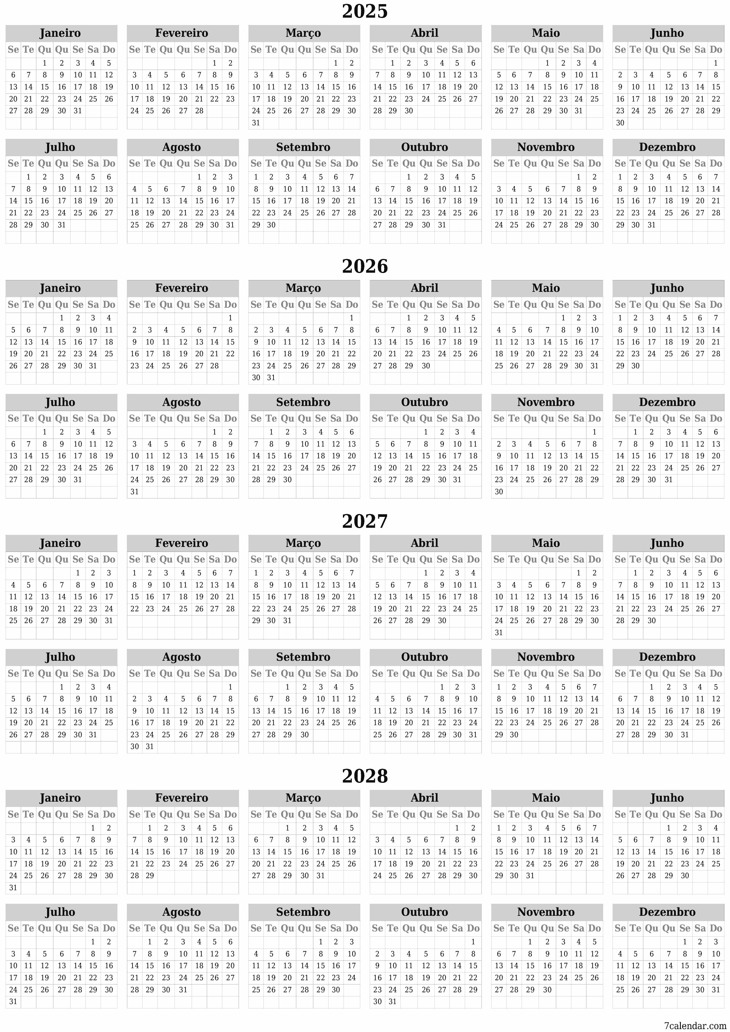 Calendário de planejador anual vazio para o ano 2025, 2026, 2027, 2028 com notas, salve e imprima em PDF PNG Portuguese