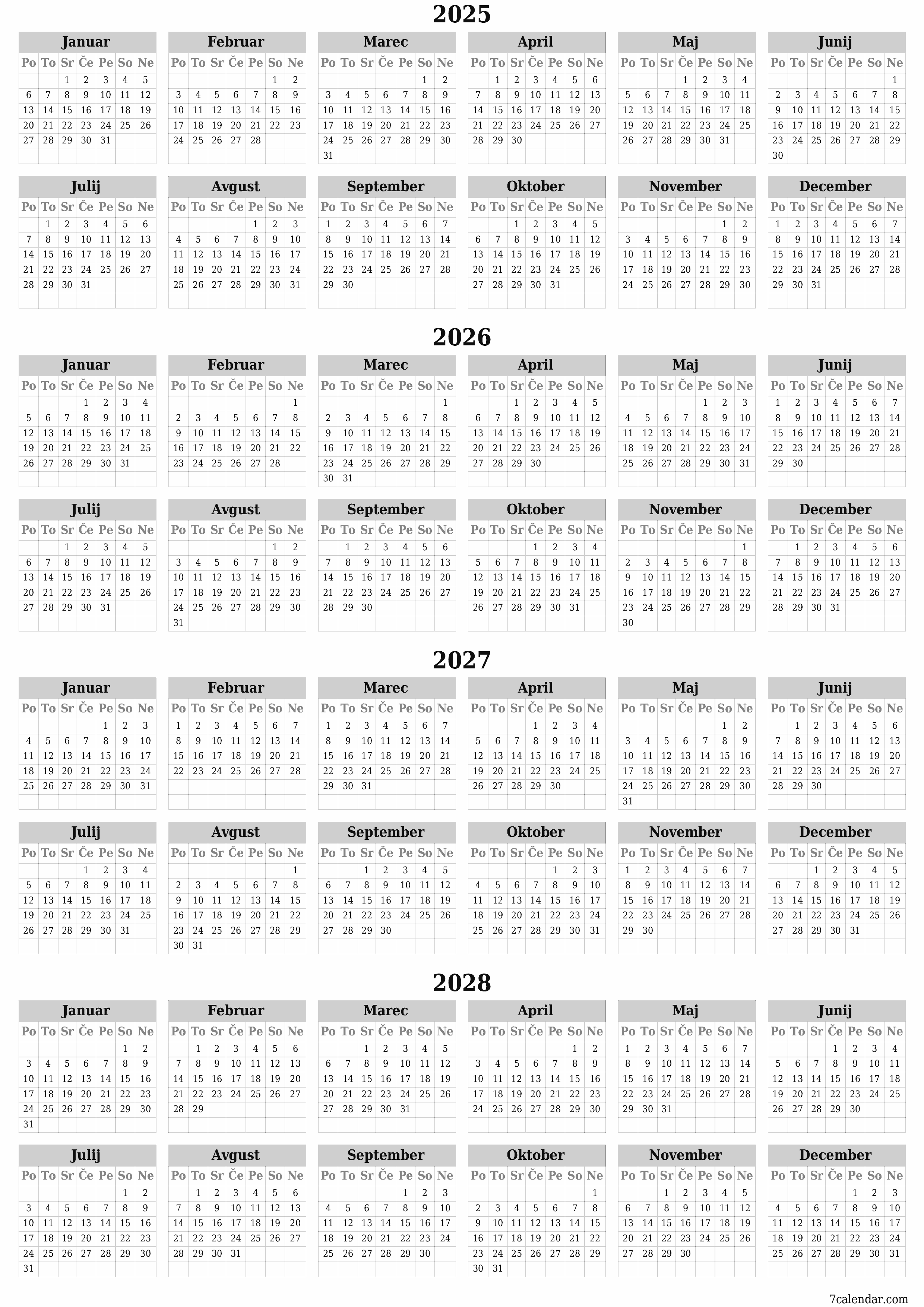 Prazen letni načrtovalec koledarja za leto 2025, 2026, 2027, 2028 z opombami za tiskanje v PDF-ju PNG Slovenian