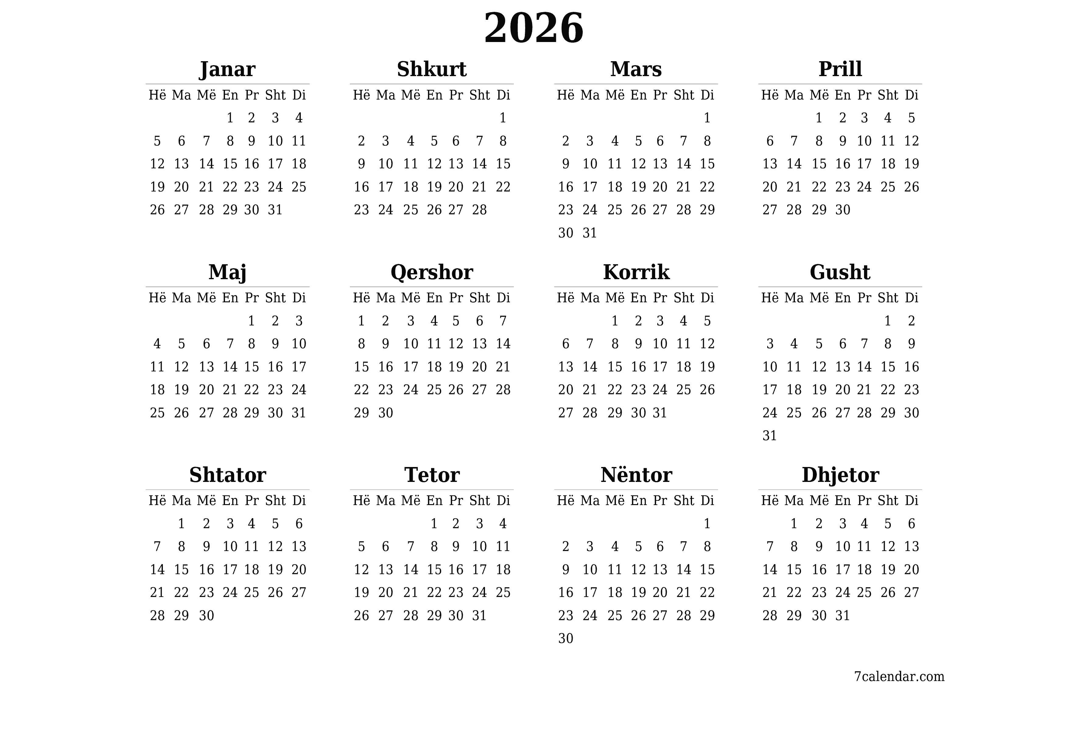 Planifikuesi bosh i kalendarit vjetor për vitin 2026 me shënime, ruani dhe printoni në PDF PNG Albanian